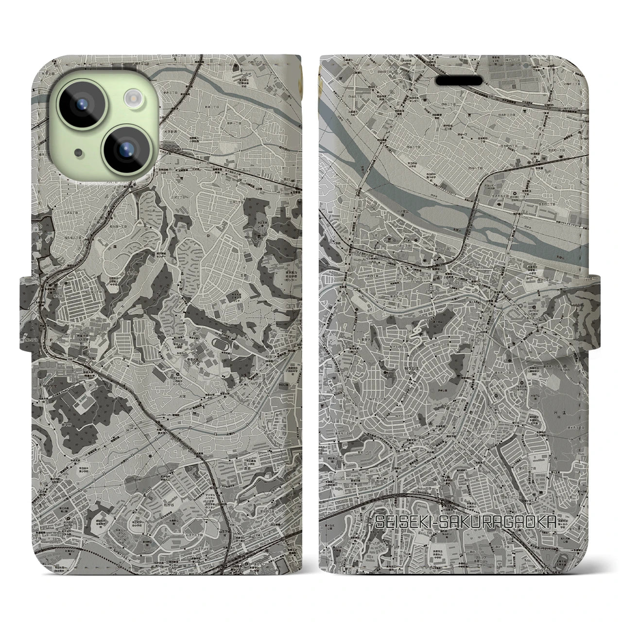 【聖蹟桜ヶ丘(東京都)】地図柄iPhoneケース(手帳タイプ)モノトーン・iPhone 15 用