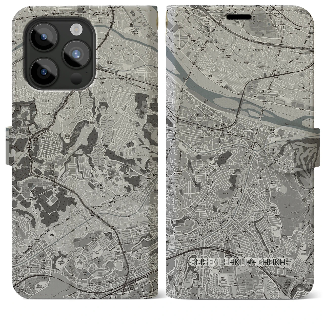 【聖蹟桜ヶ丘(東京都)】地図柄iPhoneケース(手帳タイプ)モノトーン・iPhone 15 Pro Max 用