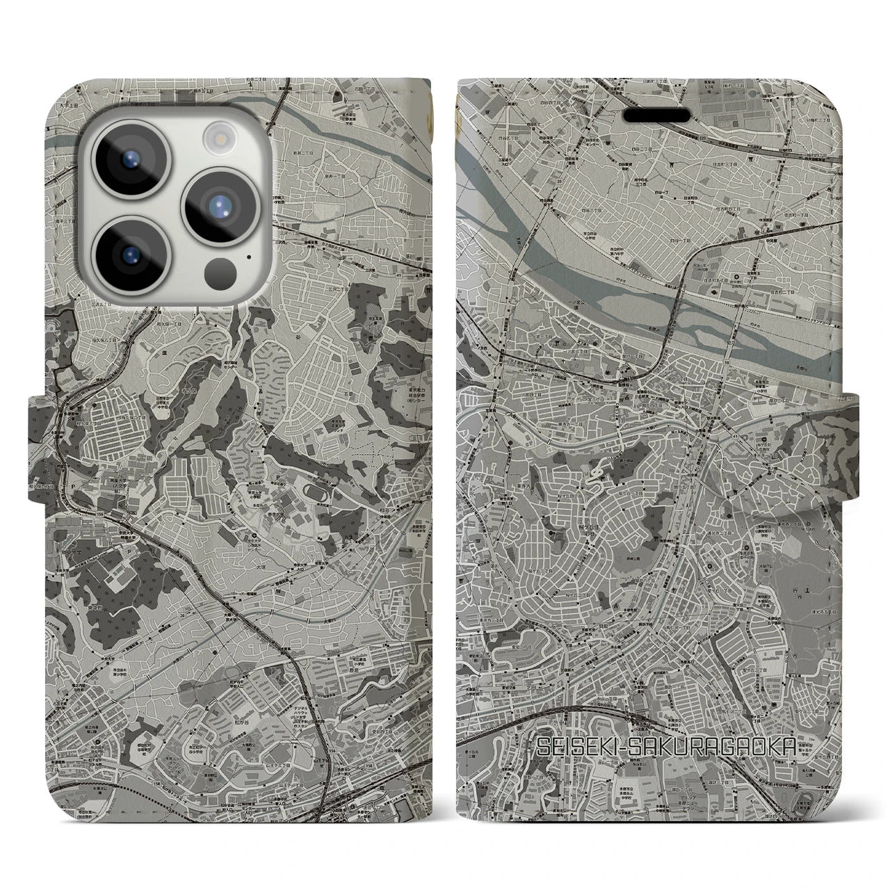 【聖蹟桜ヶ丘(東京都)】地図柄iPhoneケース(手帳タイプ)モノトーン・iPhone 15 Pro 用