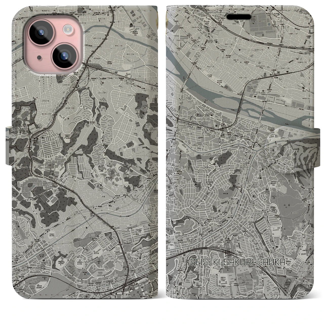 【聖蹟桜ヶ丘(東京都)】地図柄iPhoneケース(手帳タイプ)モノトーン・iPhone 15 Plus 用