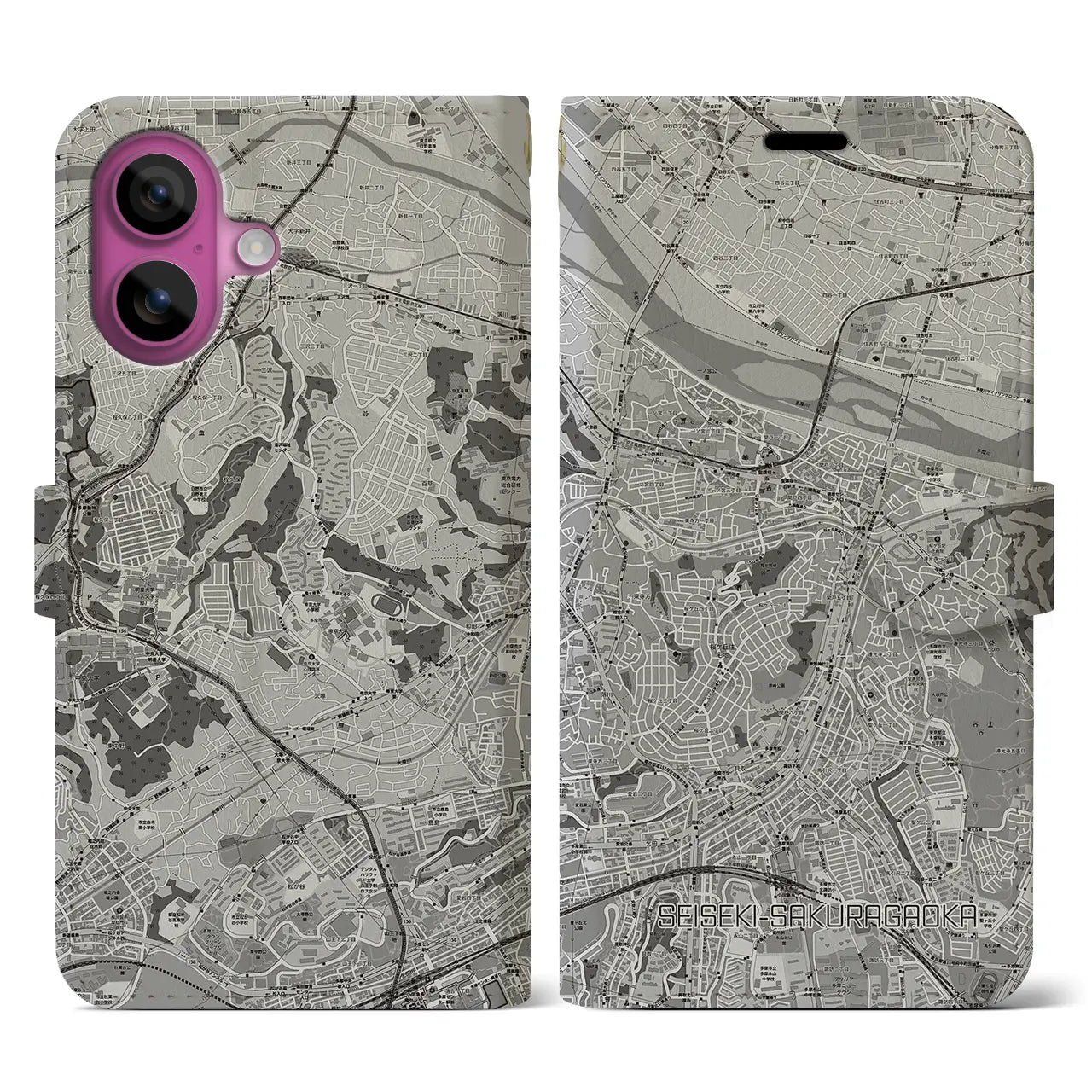【聖蹟桜ヶ丘(東京都)】地図柄iPhoneケース(手帳タイプ)モノトーン・iPhone 16 Pro 用