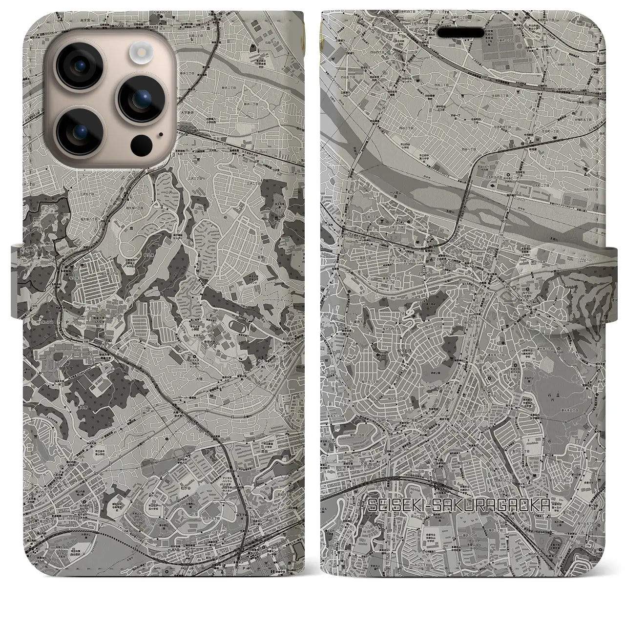 【聖蹟桜ヶ丘(東京都)】地図柄iPhoneケース(手帳タイプ)モノトーン・iPhone 16 Plus 用