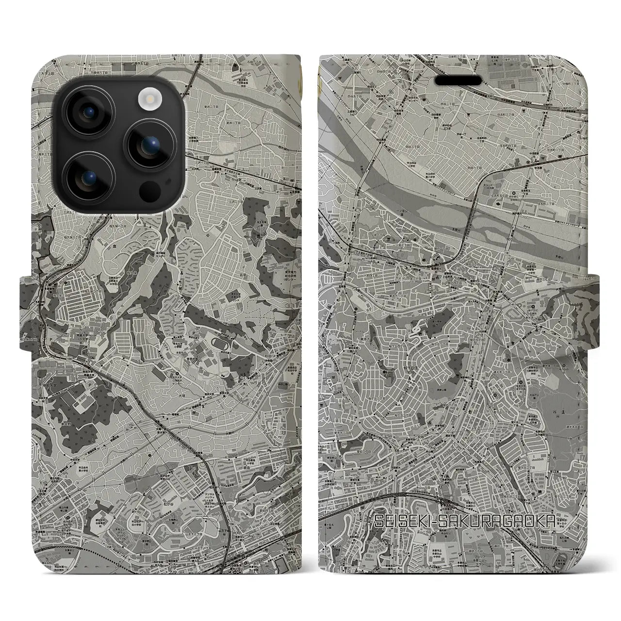 【聖蹟桜ヶ丘(東京都)】地図柄iPhoneケース(手帳タイプ)モノトーン・iPhone 16 用