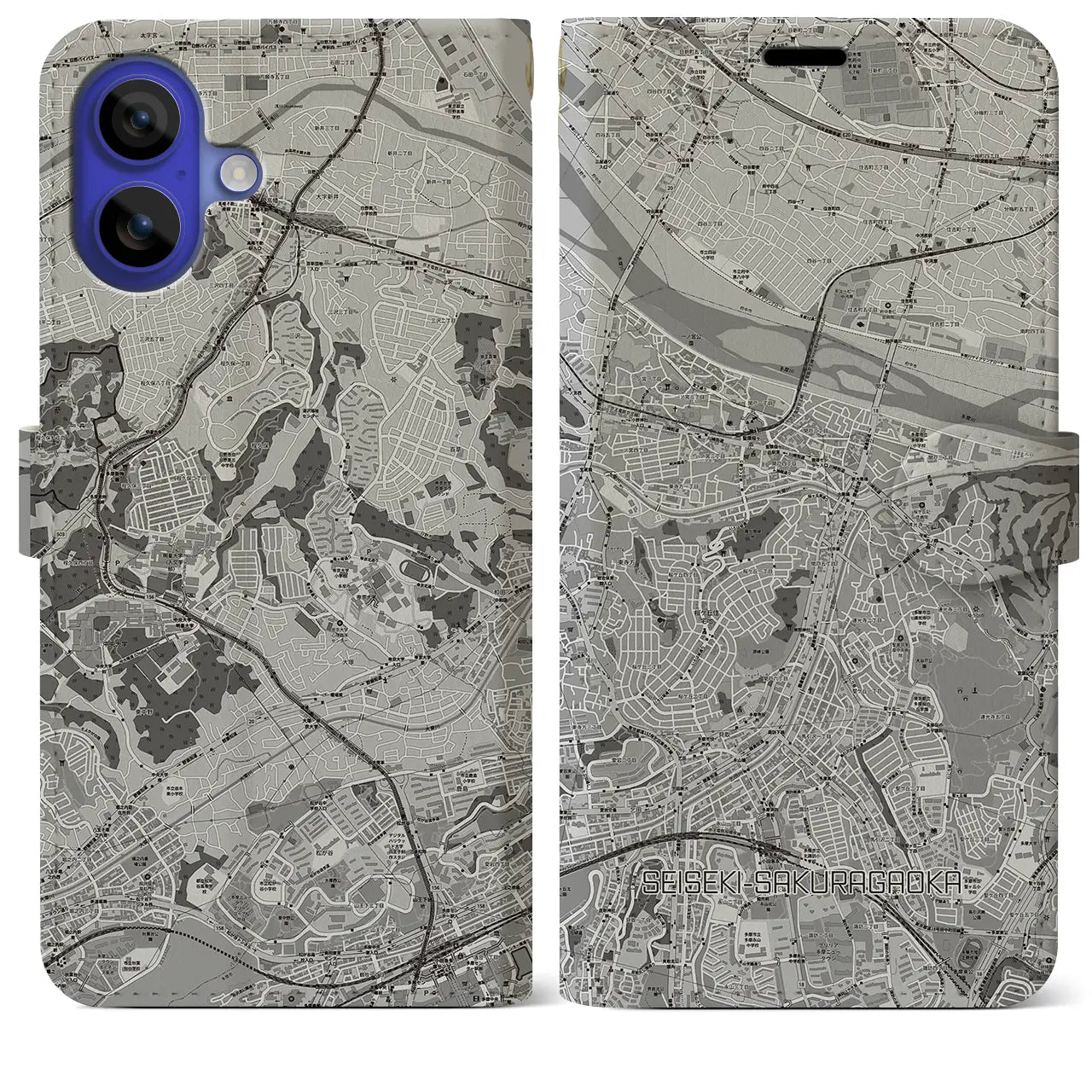 【聖蹟桜ヶ丘(東京都)】地図柄iPhoneケース(手帳タイプ)モノトーン・iPhone 16 Pro Max 用