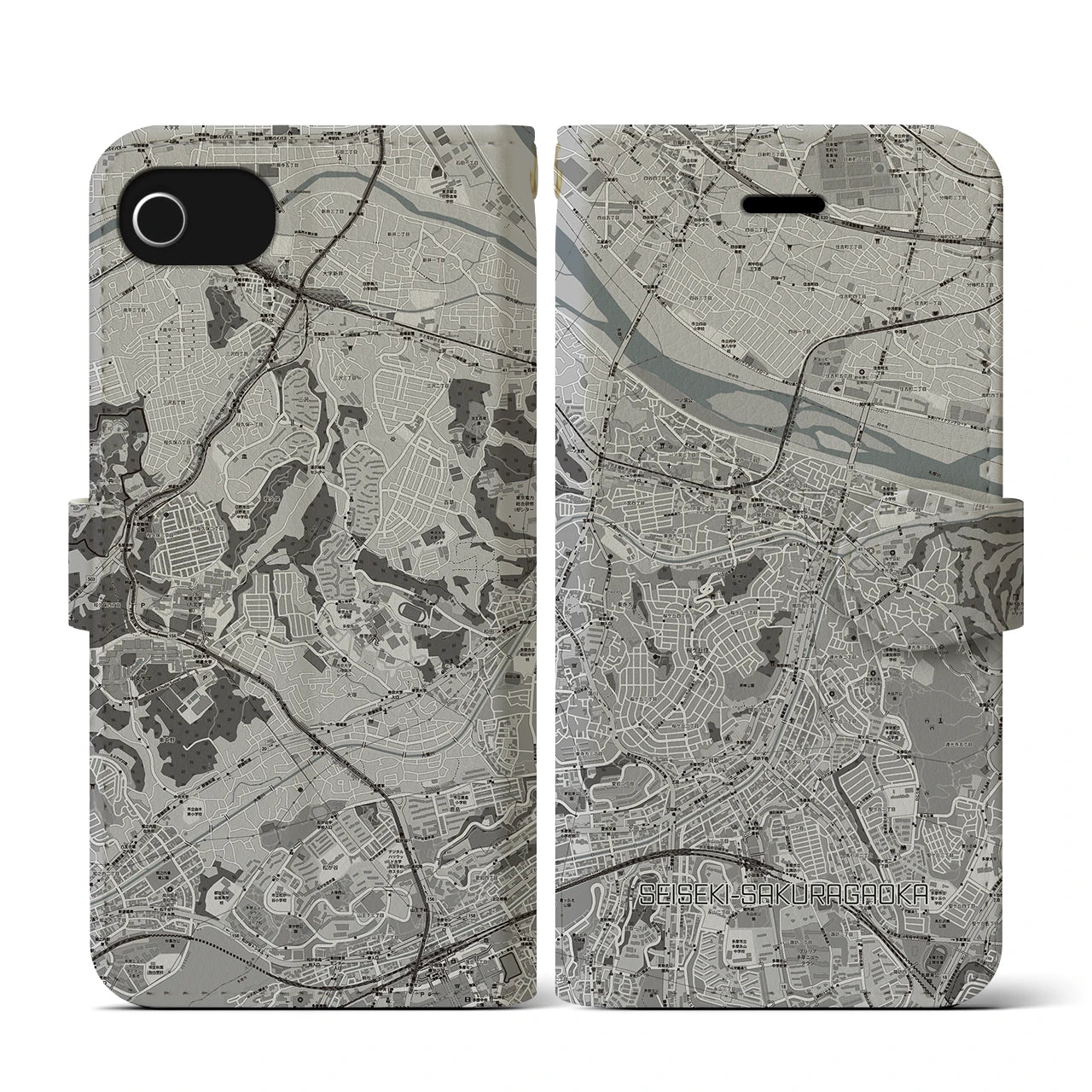 【聖蹟桜ヶ丘(東京都)】地図柄iPhoneケース(手帳タイプ)モノトーン・iPhone SE(第3 / 第2世代) / 8 / 7 / 6s / 6 用