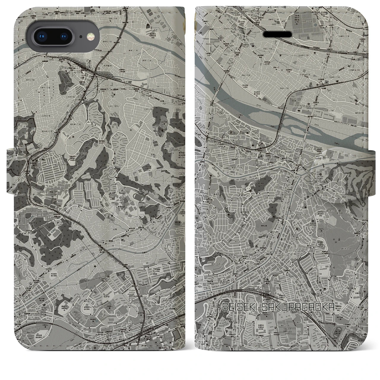 【聖蹟桜ヶ丘(東京都)】地図柄iPhoneケース(手帳タイプ)モノトーン・iPhone 8Plus /7Plus / 6sPlus / 6Plus 用