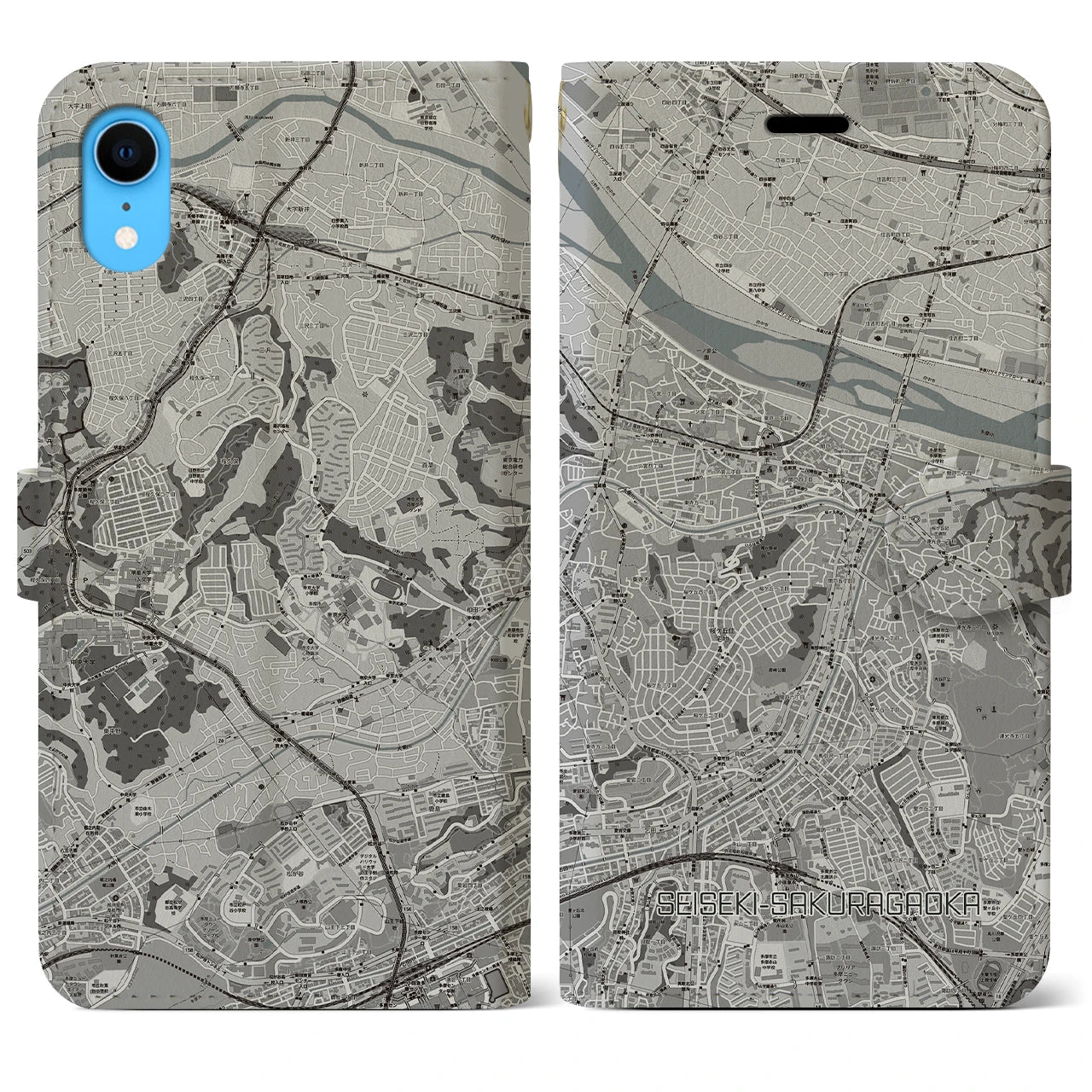 【聖蹟桜ヶ丘(東京都)】地図柄iPhoneケース(手帳タイプ)モノトーン・iPhone XR 用