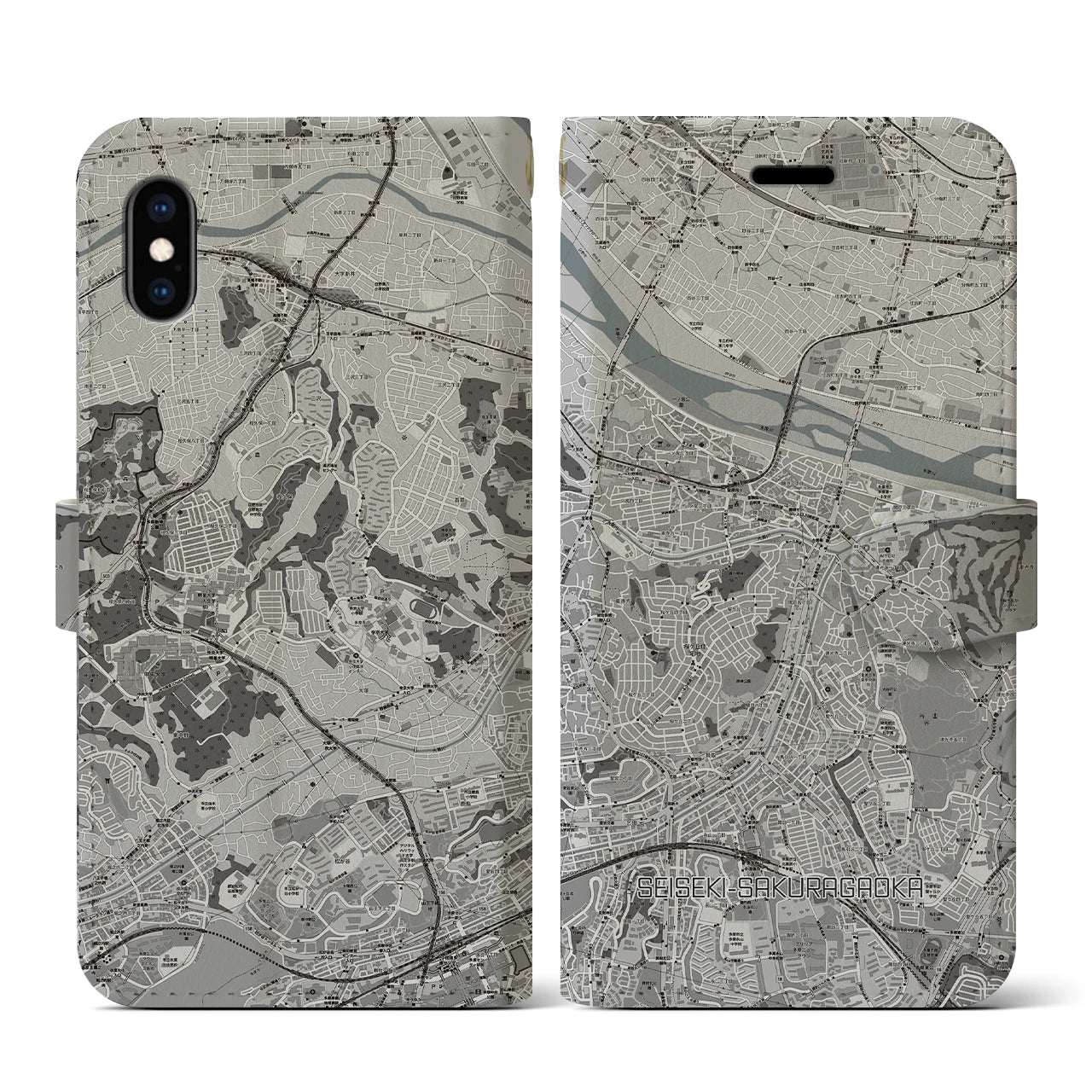 【聖蹟桜ヶ丘(東京都)】地図柄iPhoneケース(手帳タイプ)モノトーン・iPhone XS / X 用