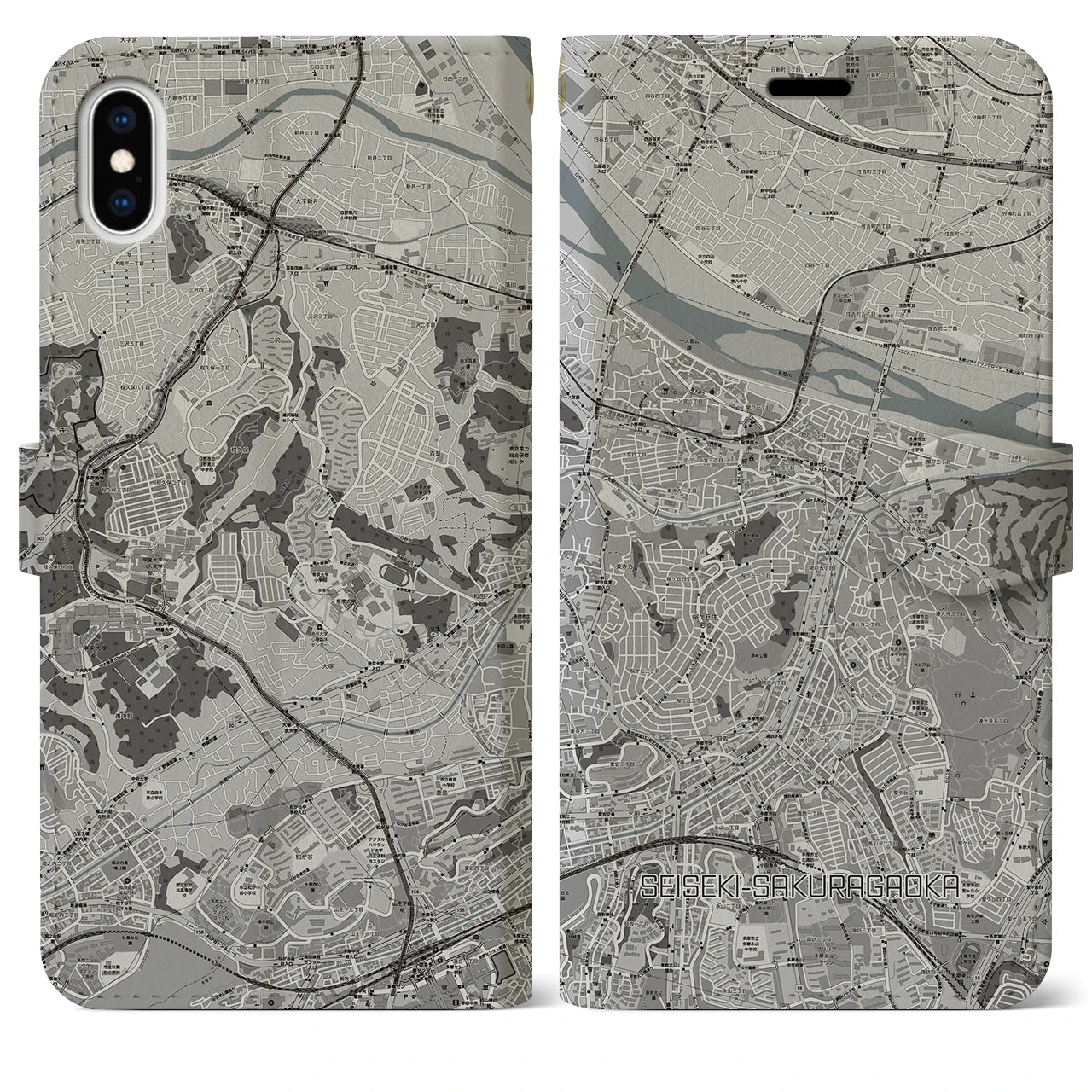【聖蹟桜ヶ丘(東京都)】地図柄iPhoneケース(手帳タイプ)モノトーン・iPhone XS Max 用