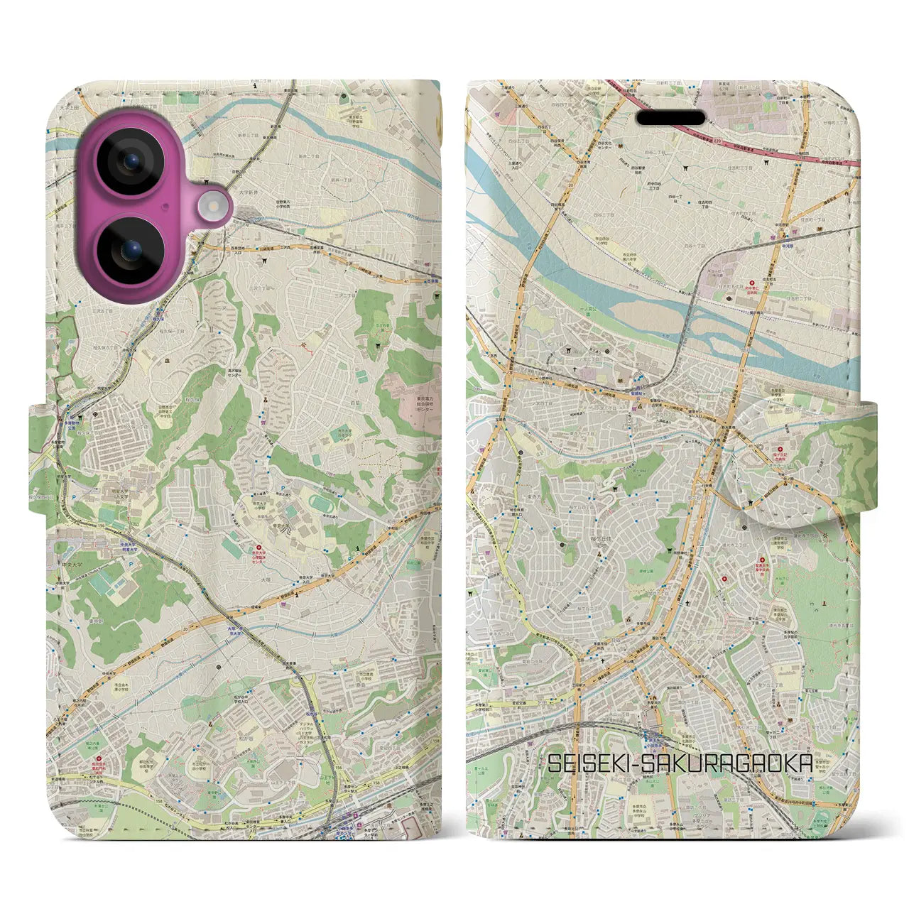 【聖蹟桜ヶ丘(東京都)】地図柄iPhoneケース(手帳タイプ)ナチュラル・iPhone 16 Pro 用