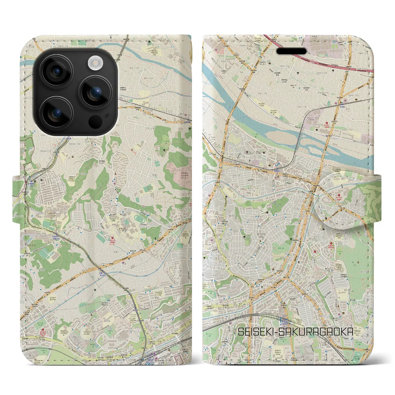 【聖蹟桜ヶ丘(東京都)】地図柄iPhoneケース(手帳タイプ)ナチュラル・iPhone 16 用