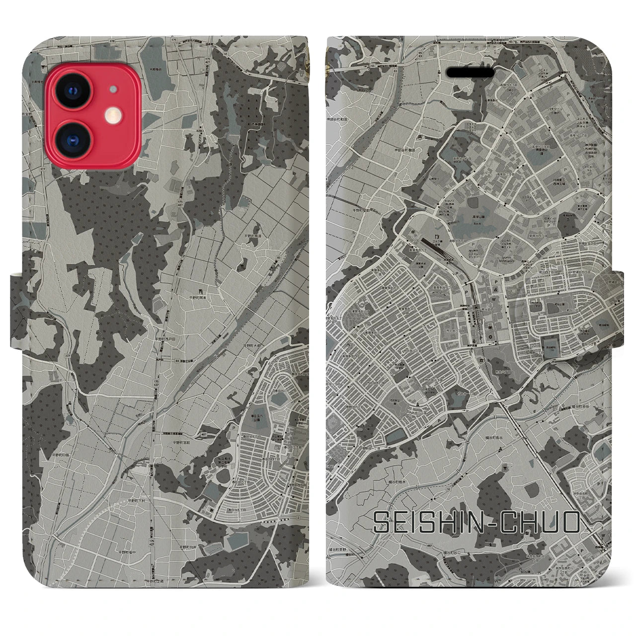 【西神中央(兵庫県)】地図柄iPhoneケース(手帳タイプ)モノトーン・iPhone 11 用
