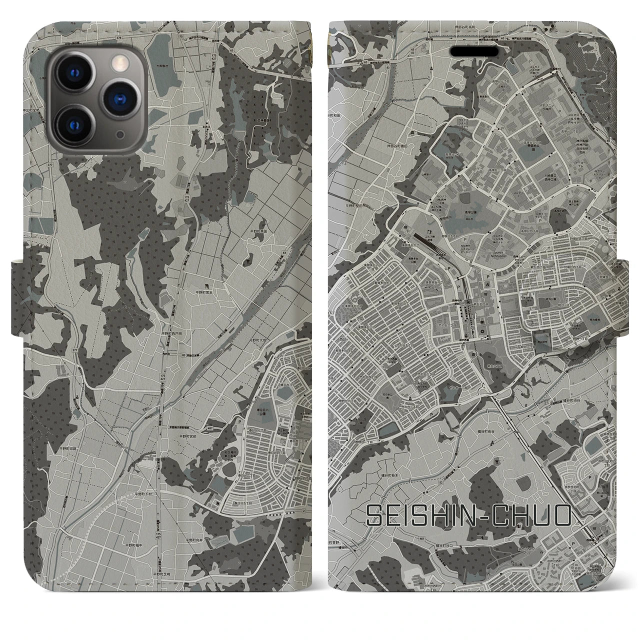 【西神中央(兵庫県)】地図柄iPhoneケース(手帳タイプ)モノトーン・iPhone 11 Pro Max 用