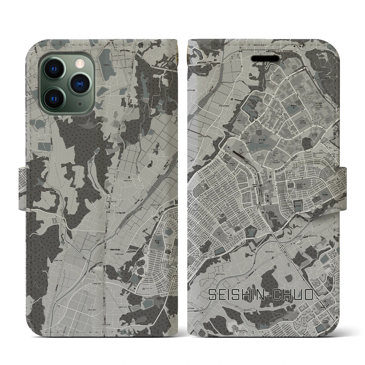 【西神中央(兵庫県)】地図柄iPhoneケース(手帳タイプ)モノトーン・iPhone 11 Pro 用