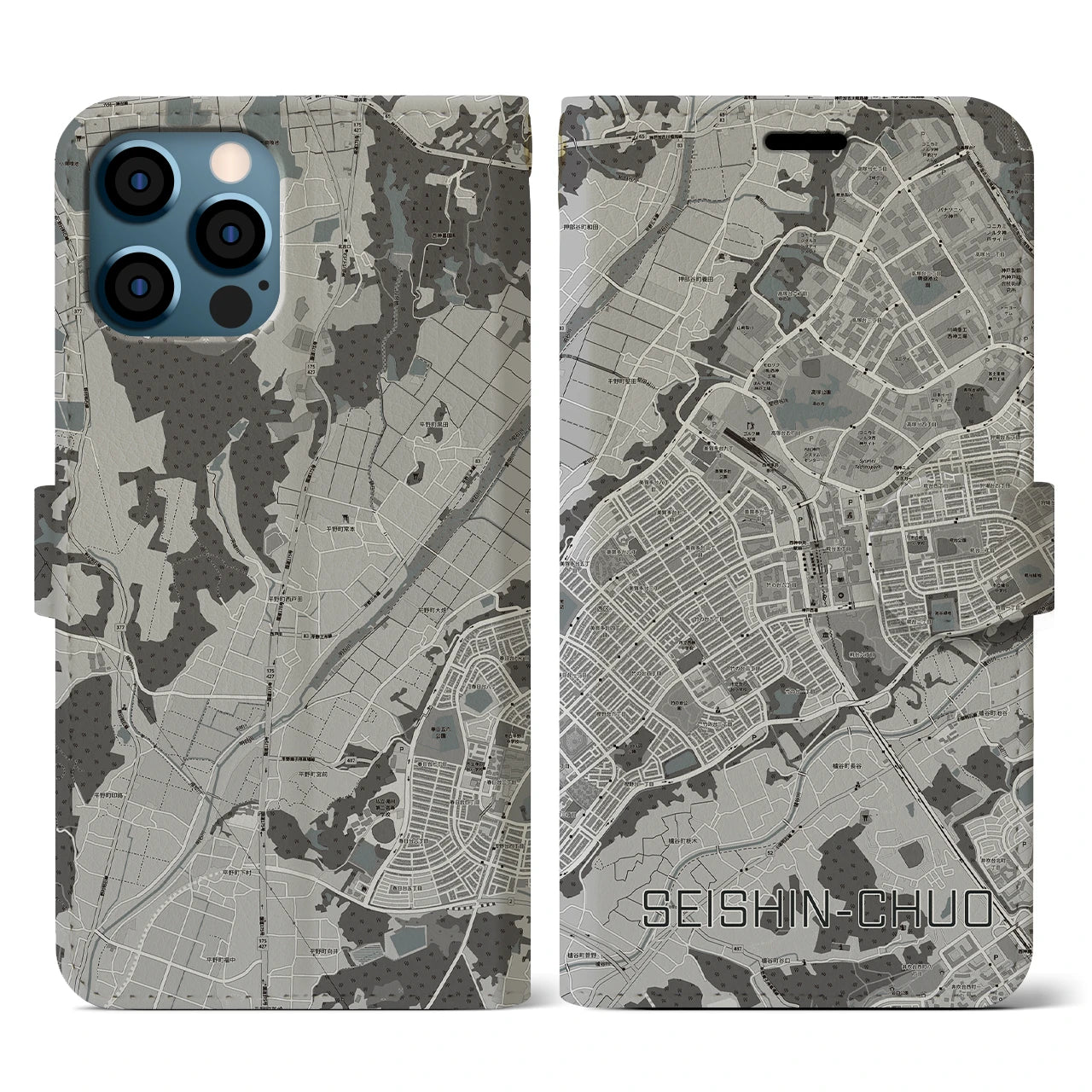 【西神中央(兵庫県)】地図柄iPhoneケース(手帳タイプ)モノトーン・iPhone 12 / 12 Pro 用