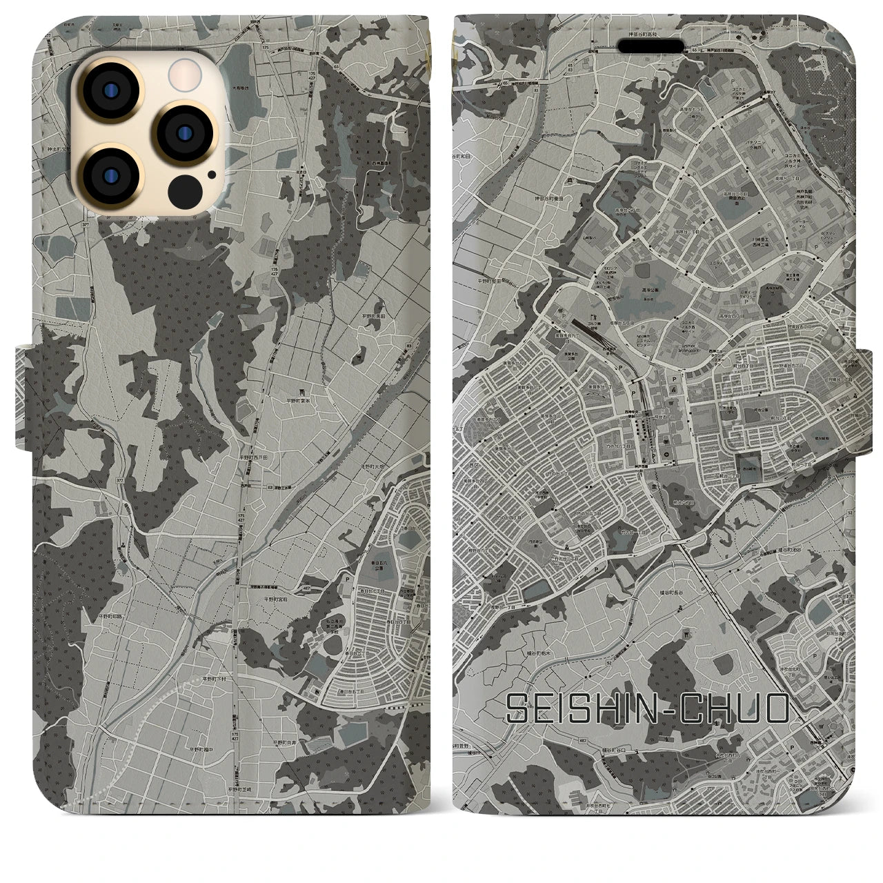 【西神中央(兵庫県)】地図柄iPhoneケース(手帳タイプ)モノトーン・iPhone 12 Pro Max 用