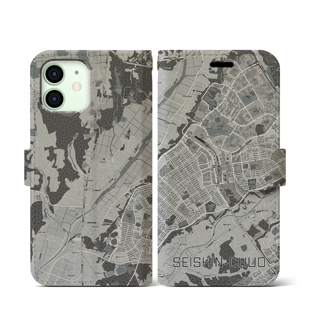 【西神中央(兵庫県)】地図柄iPhoneケース(手帳タイプ)モノトーン・iPhone 12 mini 用