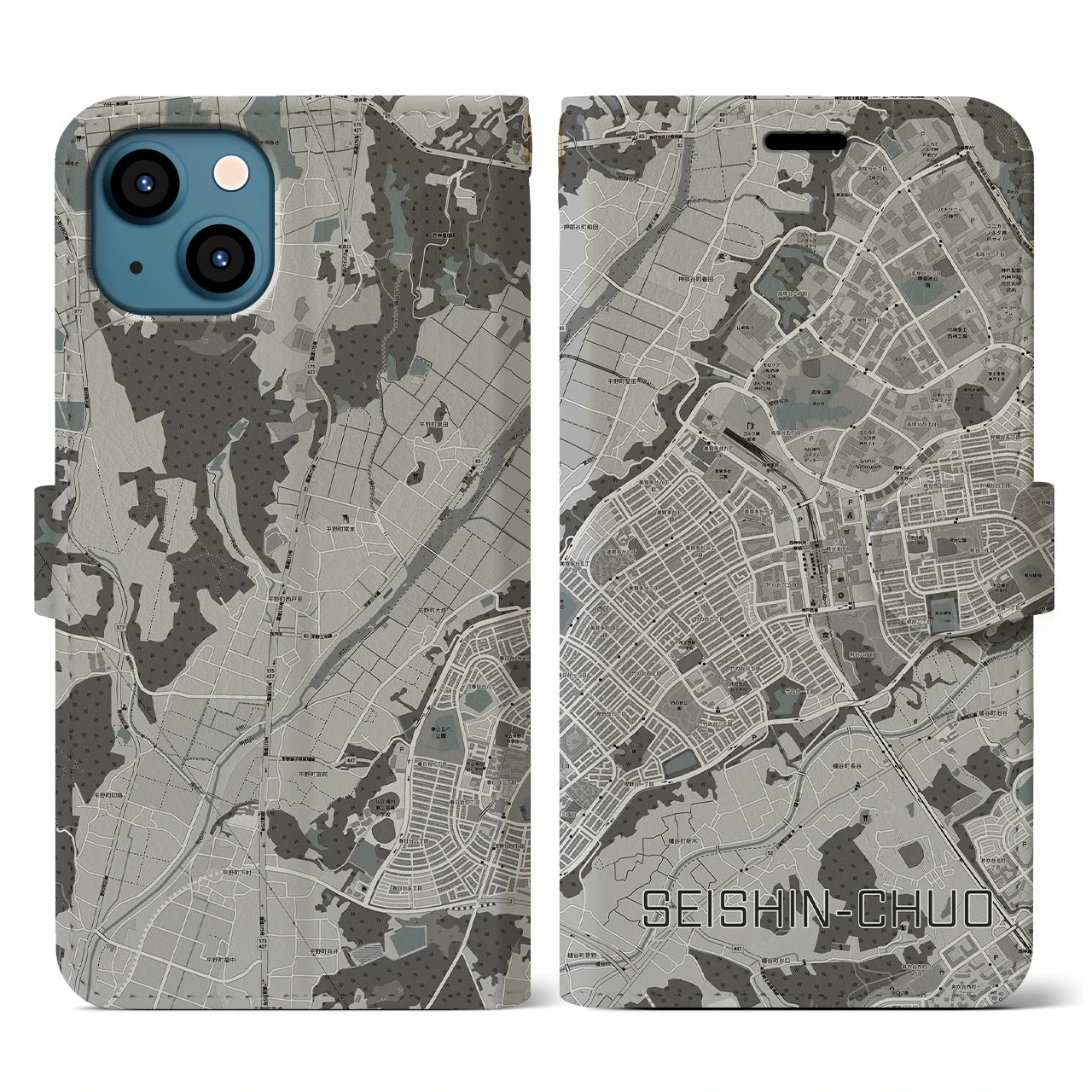 【西神中央(兵庫県)】地図柄iPhoneケース(手帳タイプ)モノトーン・iPhone 13 用