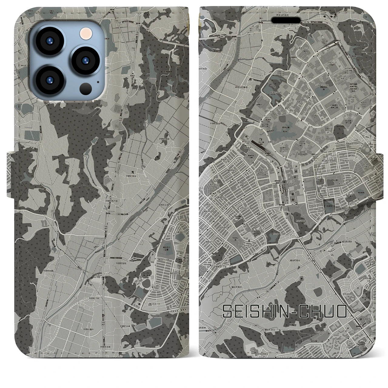 【西神中央(兵庫県)】地図柄iPhoneケース(手帳タイプ)モノトーン・iPhone 13 Pro Max 用