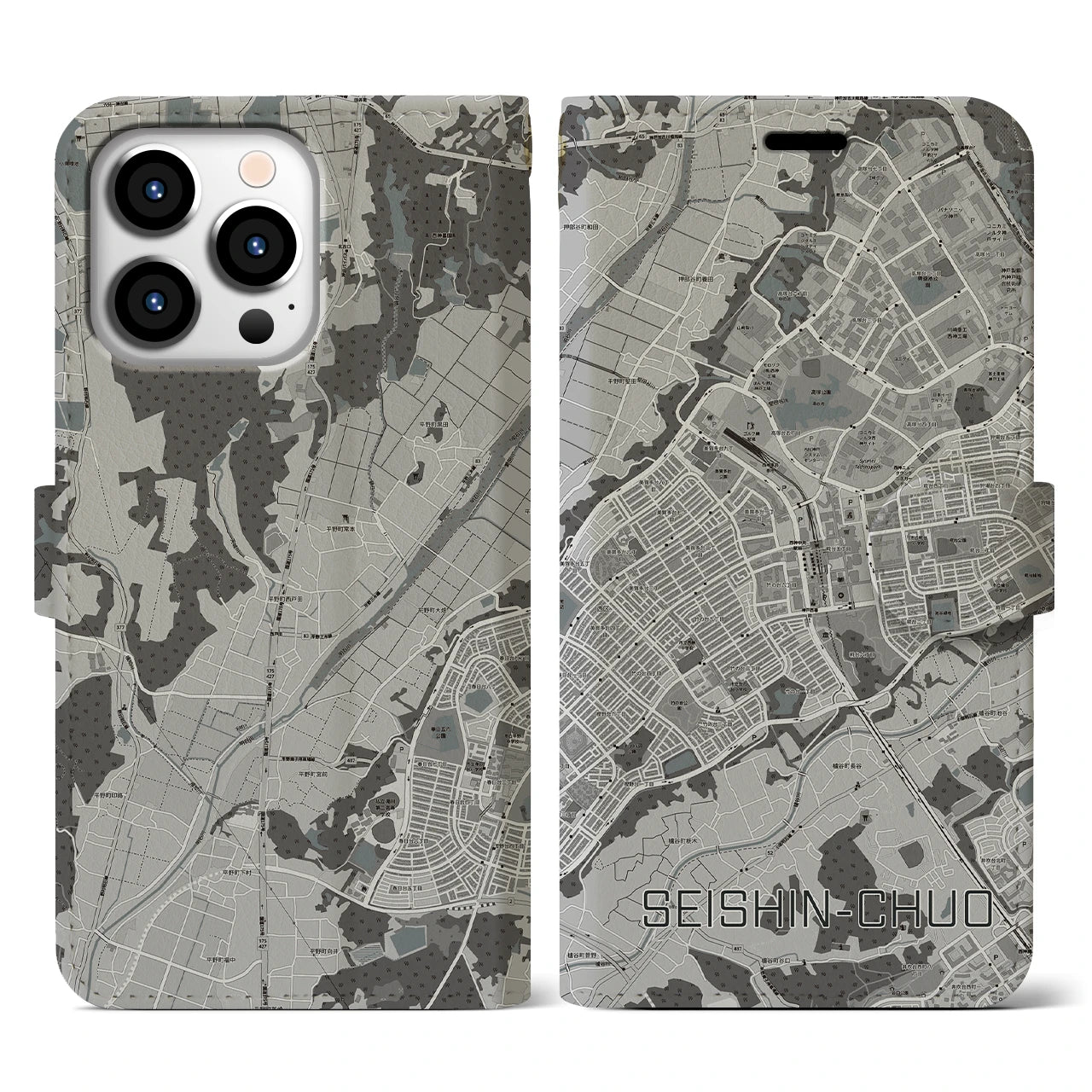 【西神中央(兵庫県)】地図柄iPhoneケース(手帳タイプ)モノトーン・iPhone 13 Pro 用
