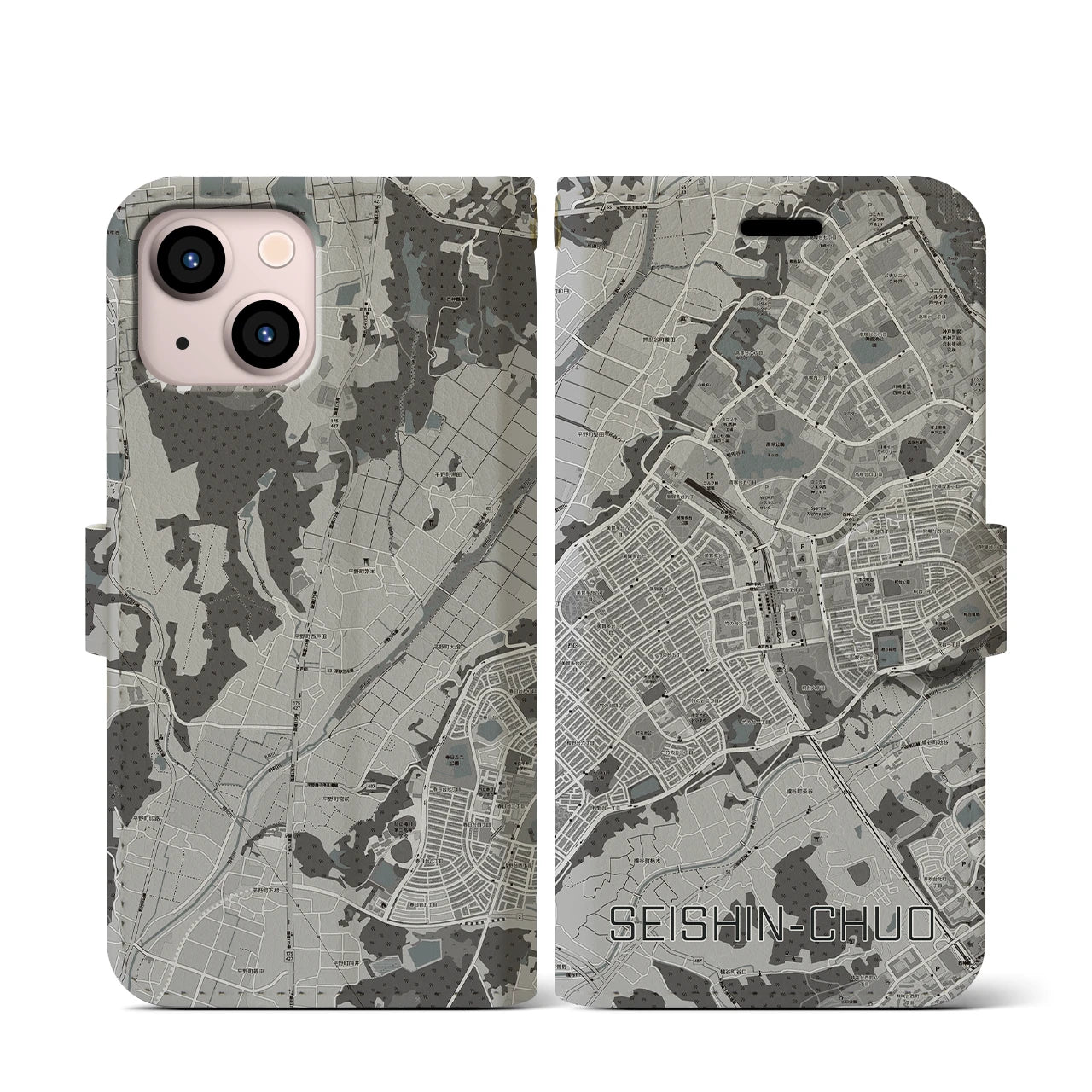【西神中央(兵庫県)】地図柄iPhoneケース(手帳タイプ)モノトーン・iPhone 13 mini 用