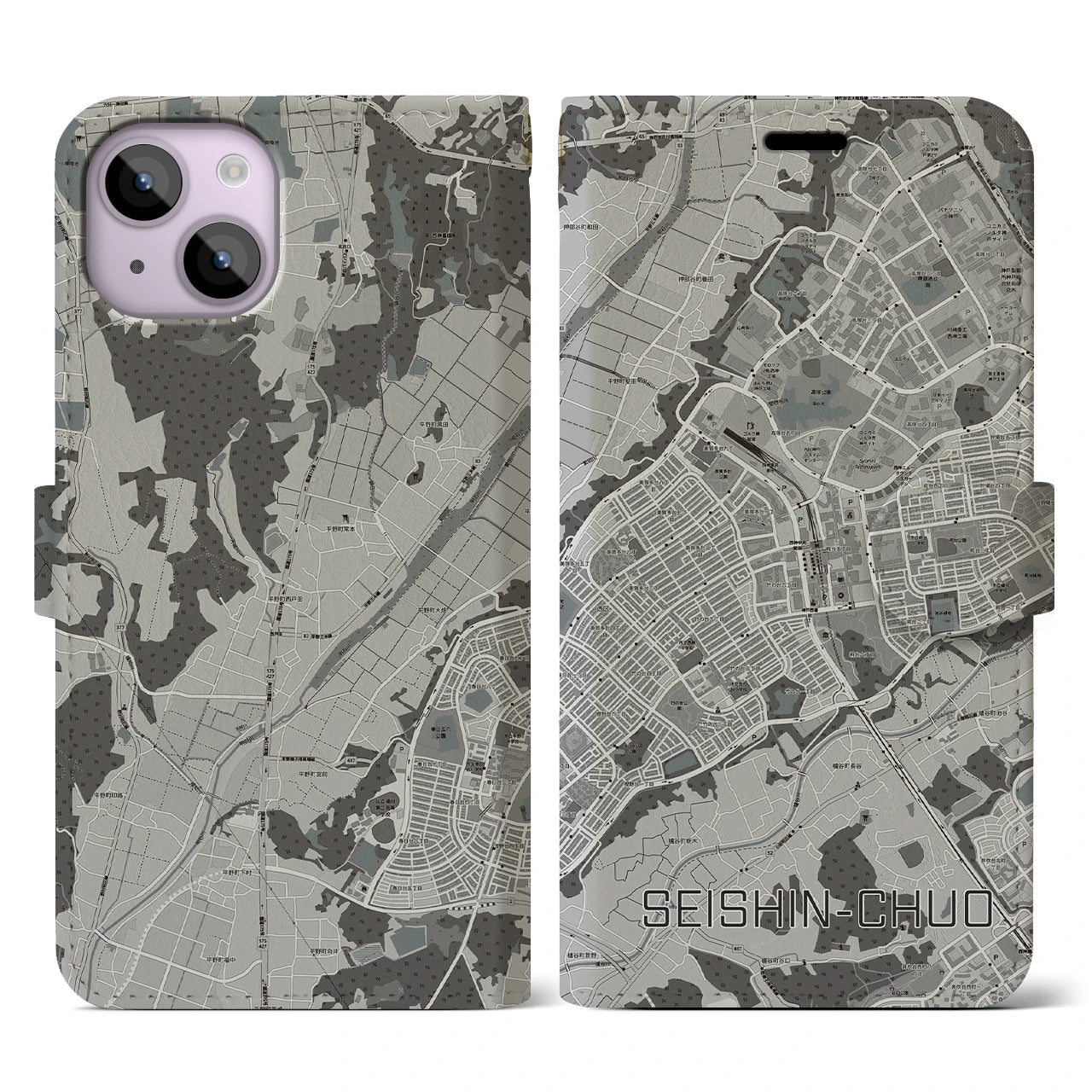 【西神中央(兵庫県)】地図柄iPhoneケース(手帳タイプ)モノトーン・iPhone 14 用