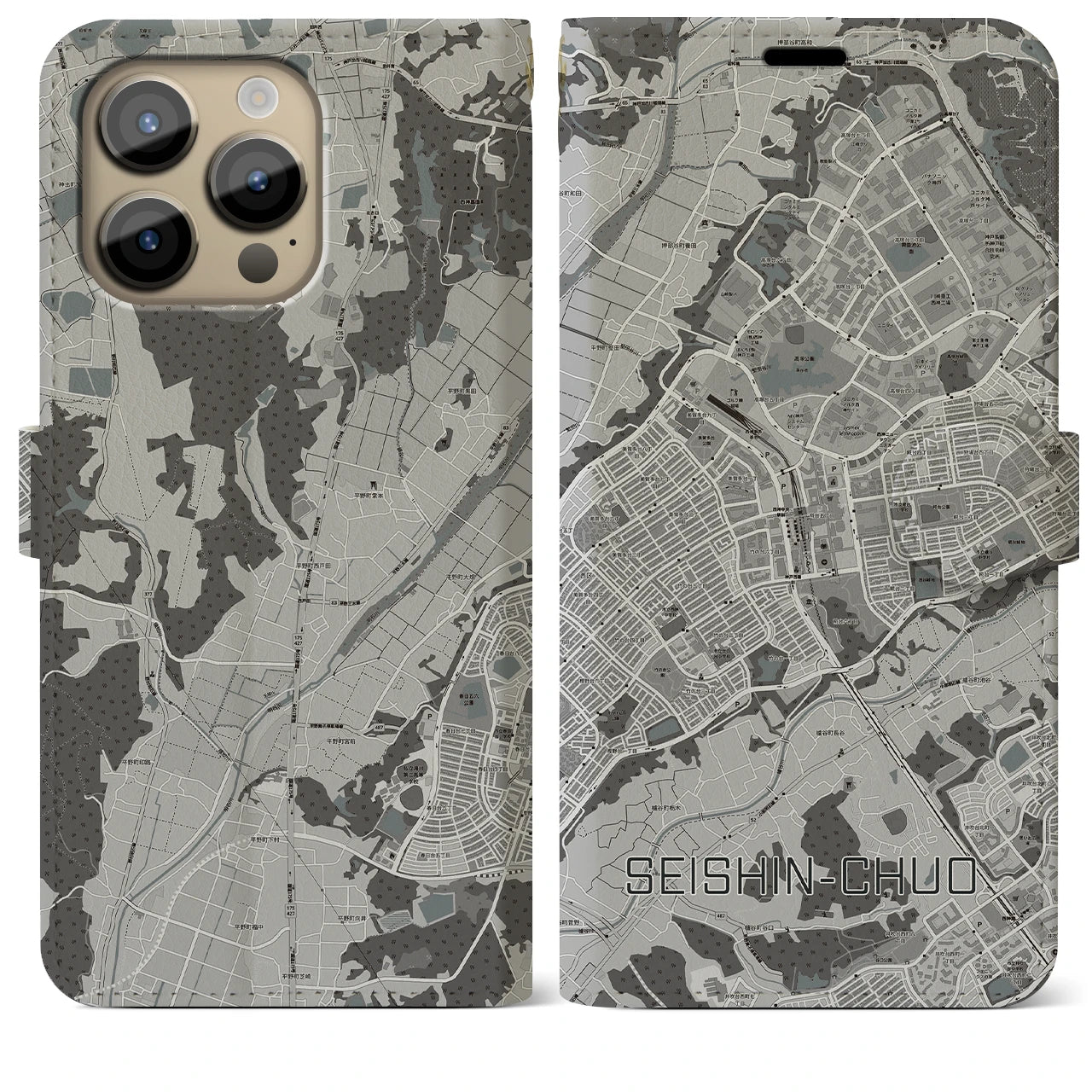 【西神中央(兵庫県)】地図柄iPhoneケース(手帳タイプ)モノトーン・iPhone 14 Pro Max 用