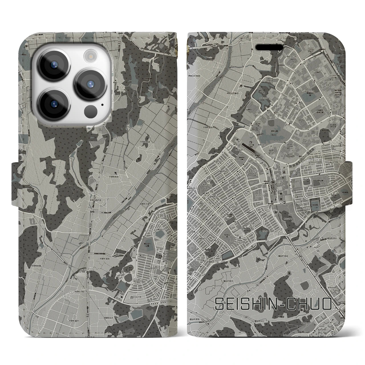 【西神中央(兵庫県)】地図柄iPhoneケース(手帳タイプ)モノトーン・iPhone 14 Pro 用