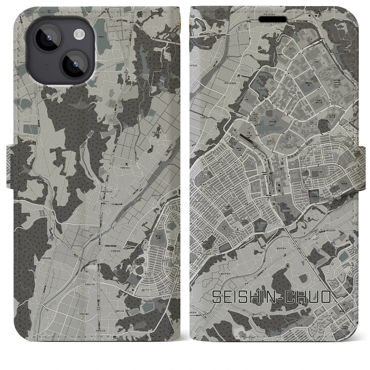 【西神中央(兵庫県)】地図柄iPhoneケース(手帳タイプ)モノトーン・iPhone 14 Plus 用