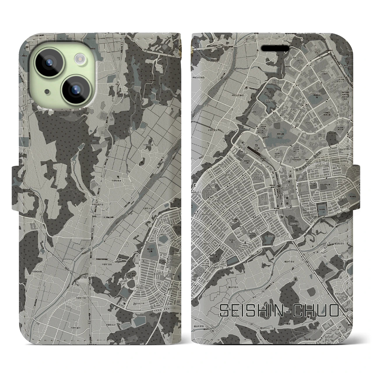 【西神中央(兵庫県)】地図柄iPhoneケース(手帳タイプ)モノトーン・iPhone 15 用