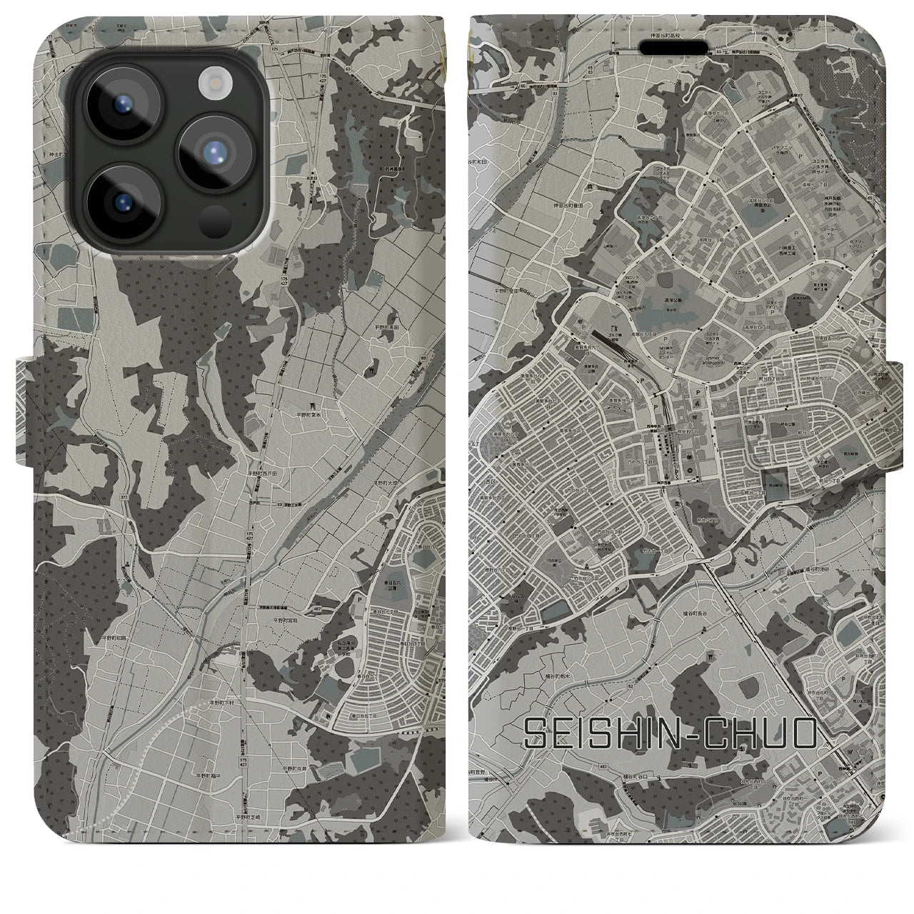 【西神中央(兵庫県)】地図柄iPhoneケース(手帳タイプ)モノトーン・iPhone 15 Pro Max 用
