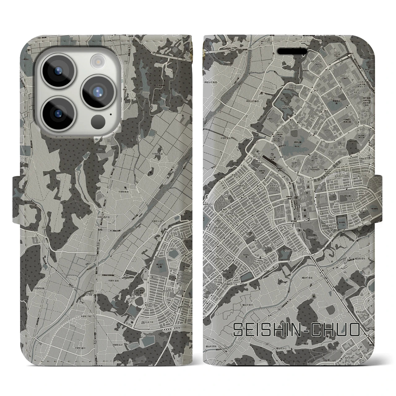 【西神中央(兵庫県)】地図柄iPhoneケース(手帳タイプ)モノトーン・iPhone 15 Pro 用