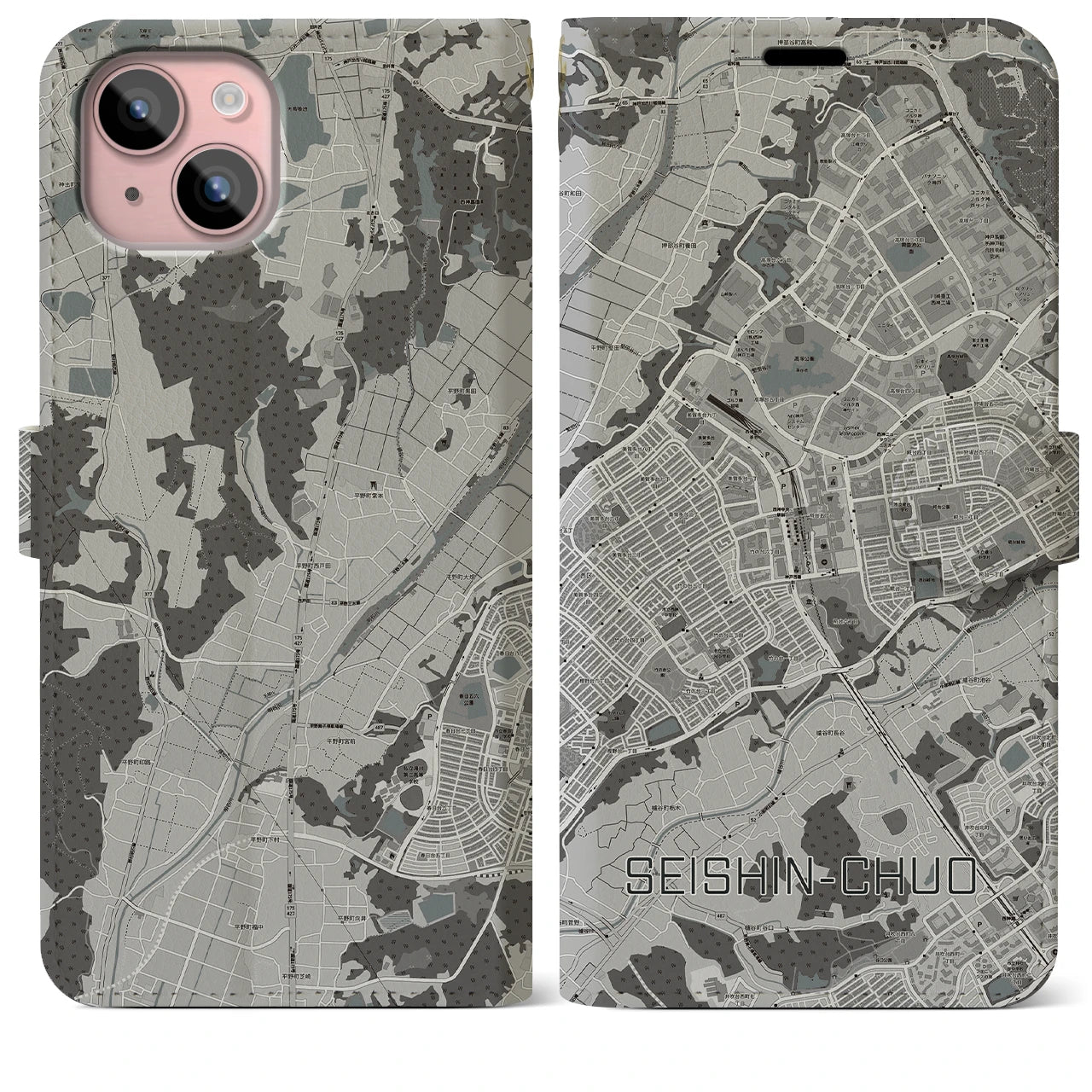 【西神中央(兵庫県)】地図柄iPhoneケース(手帳タイプ)モノトーン・iPhone 15 Plus 用