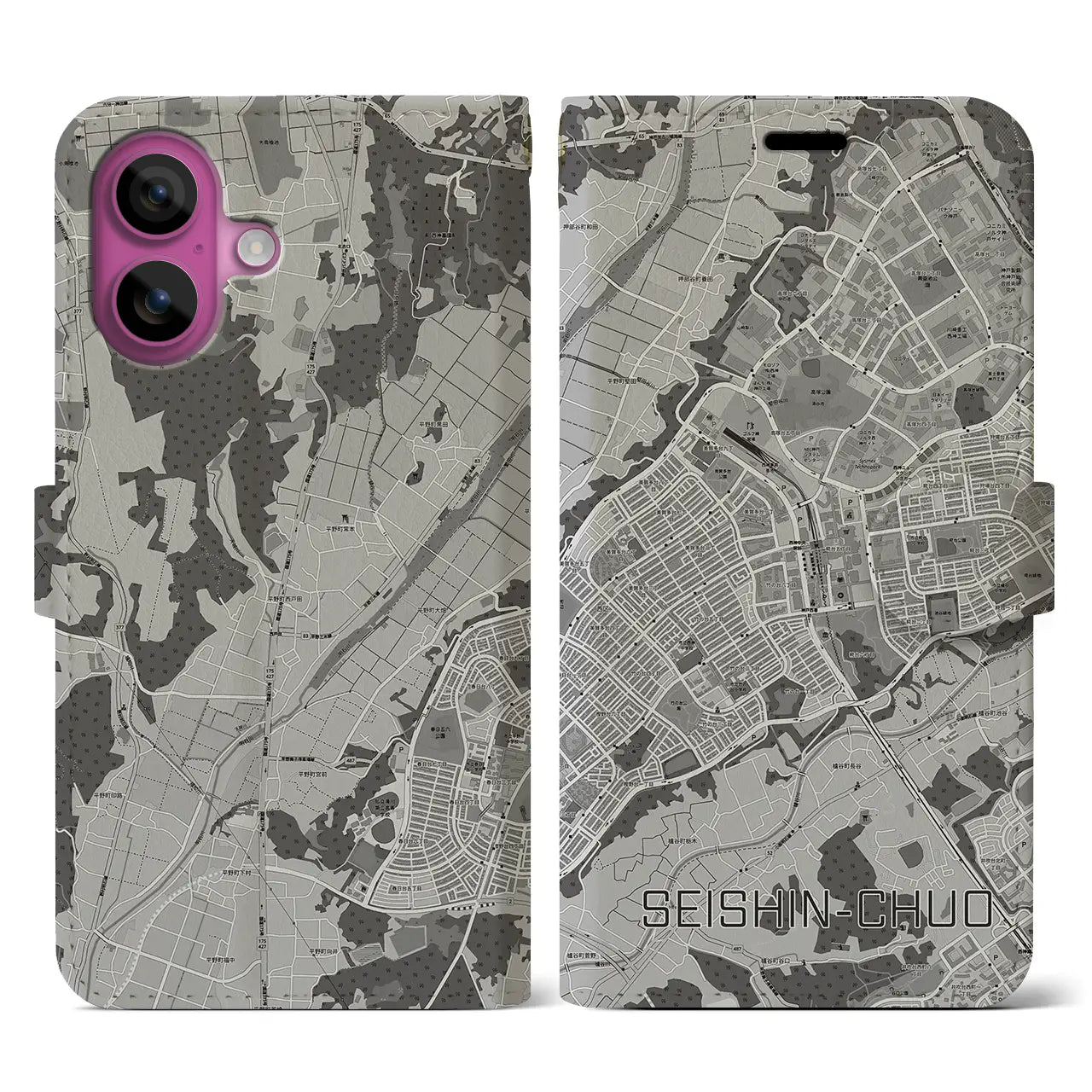 【西神中央(兵庫県)】地図柄iPhoneケース(手帳タイプ)モノトーン・iPhone 16 Pro 用