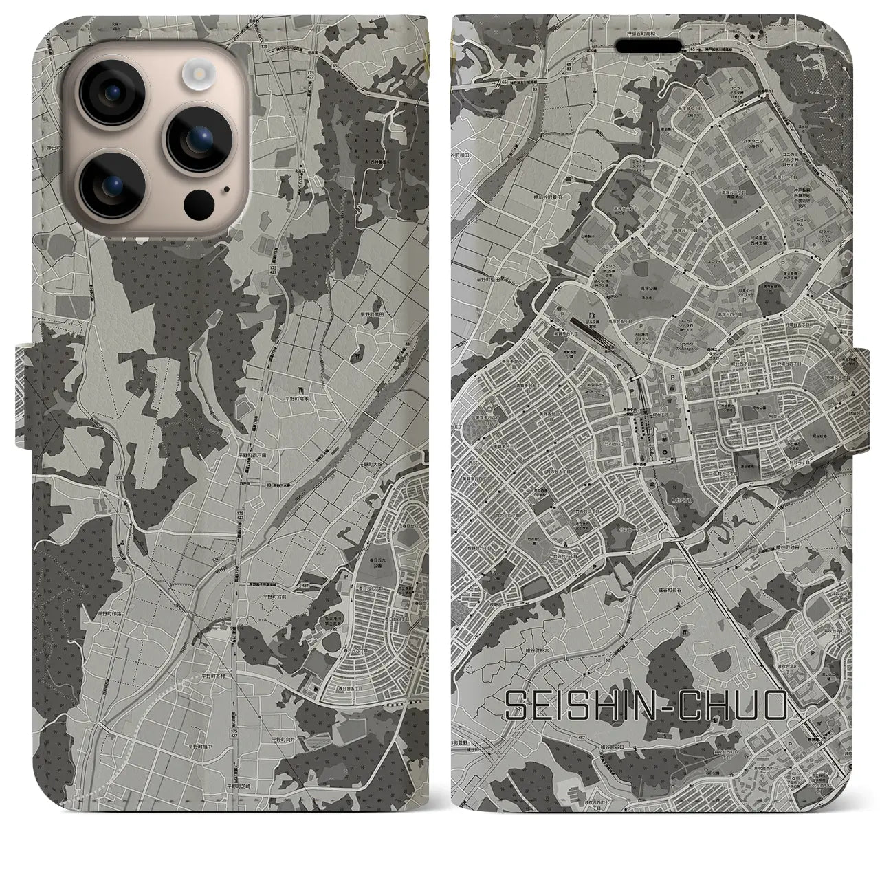 【西神中央(兵庫県)】地図柄iPhoneケース(手帳タイプ)モノトーン・iPhone 16 Plus 用