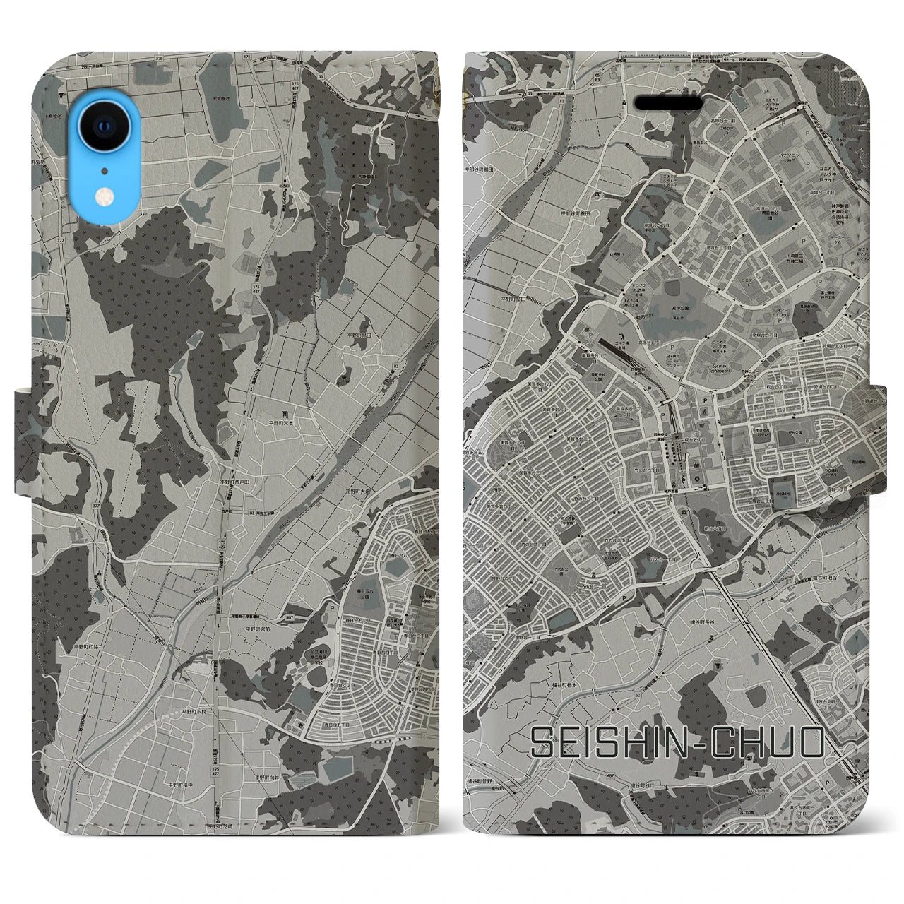 【西神中央(兵庫県)】地図柄iPhoneケース(手帳タイプ)モノトーン・iPhone XR 用