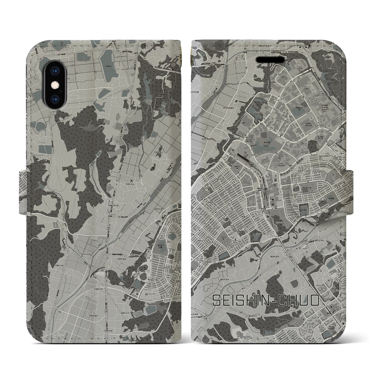 【西神中央(兵庫県)】地図柄iPhoneケース(手帳タイプ)モノトーン・iPhone XS / X 用