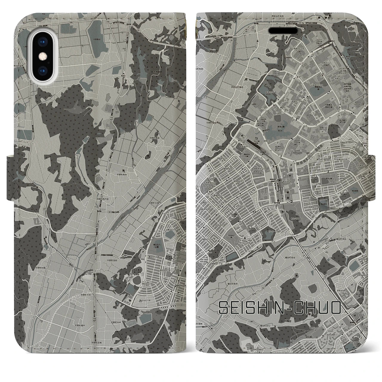 【西神中央(兵庫県)】地図柄iPhoneケース(手帳タイプ)モノトーン・iPhone XS Max 用