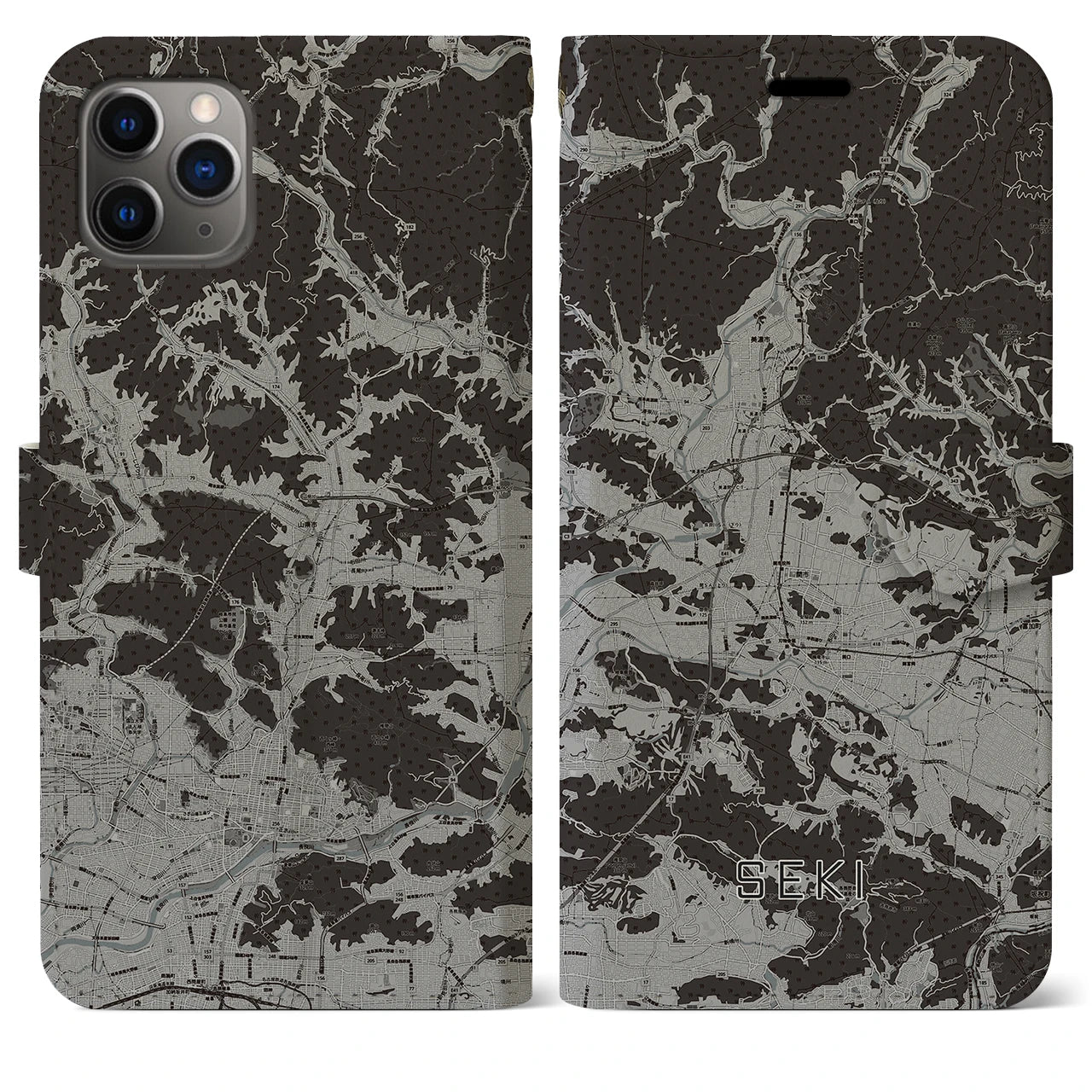 【関(岐阜県)】地図柄iPhoneケース(手帳タイプ)モノトーン・iPhone 11 Pro Max 用