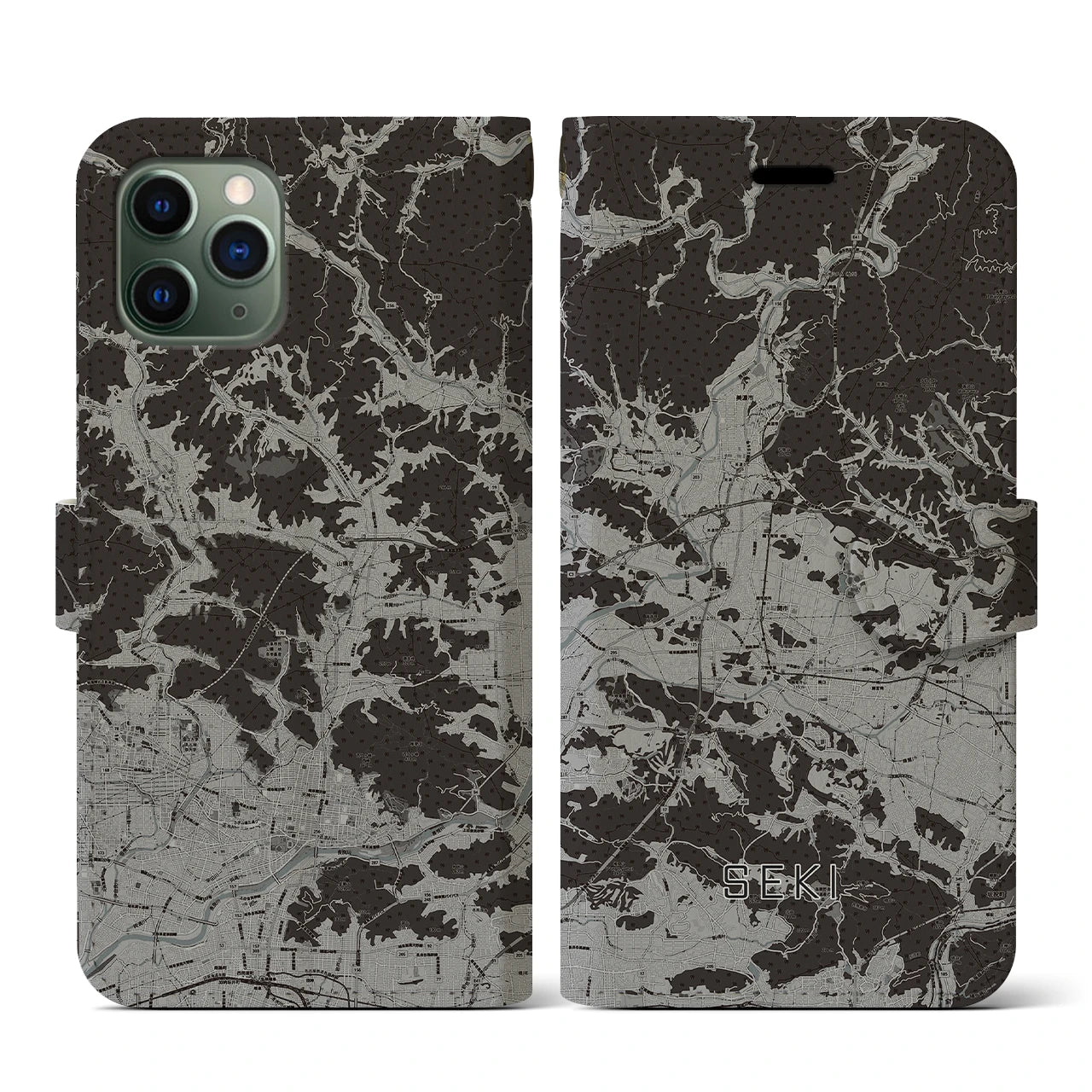 【関(岐阜県)】地図柄iPhoneケース(手帳タイプ)モノトーン・iPhone 11 Pro 用