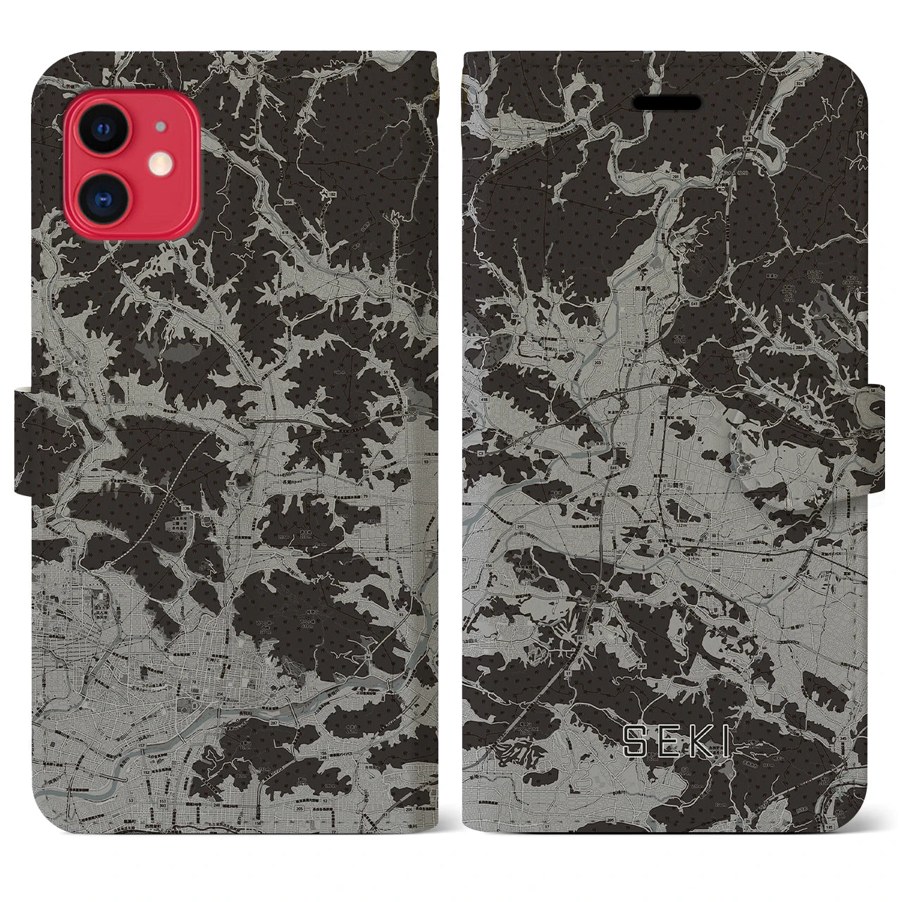 【関(岐阜県)】地図柄iPhoneケース(手帳タイプ)モノトーン・iPhone 11 用