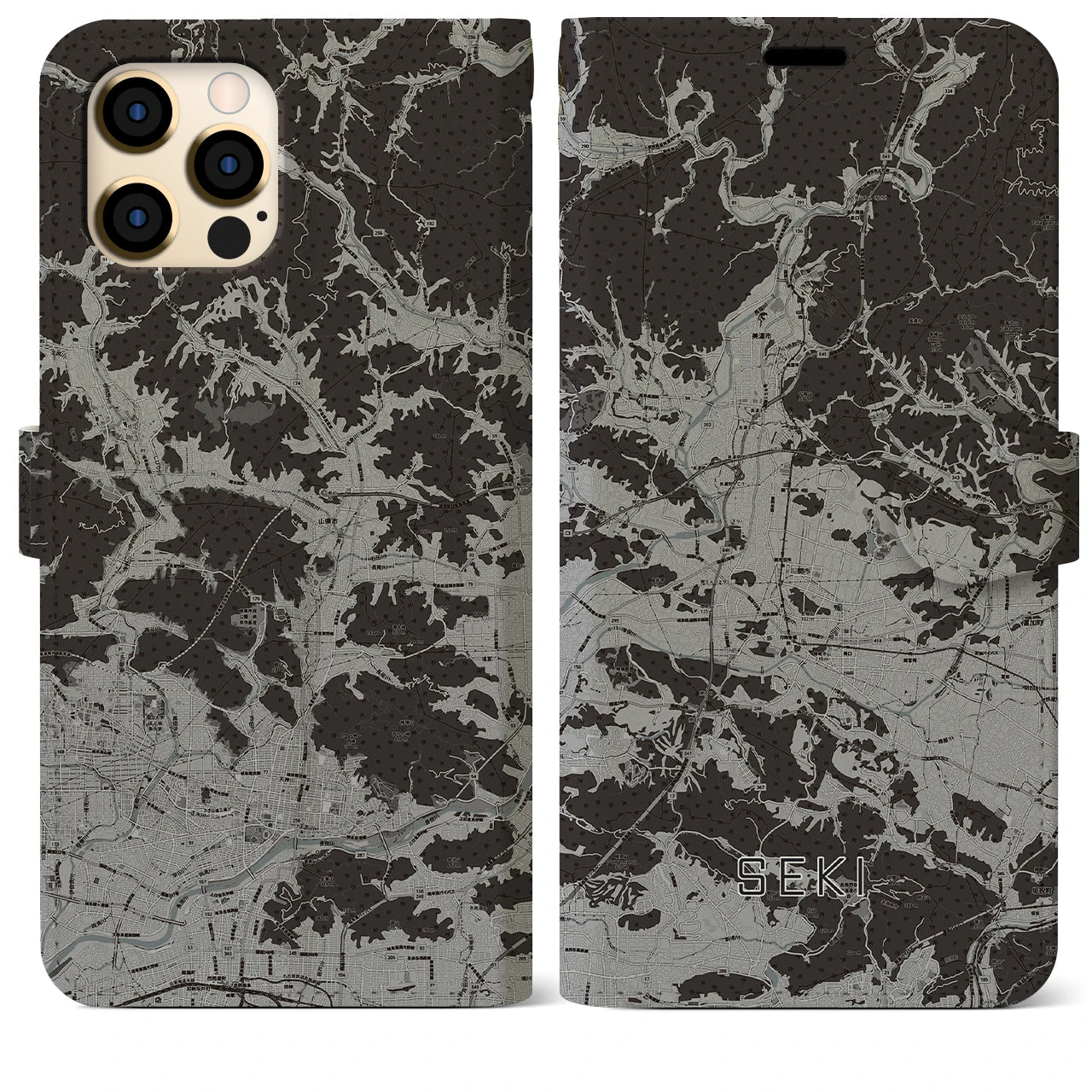 【関(岐阜県)】地図柄iPhoneケース(手帳タイプ)モノトーン・iPhone 12 Pro Max 用