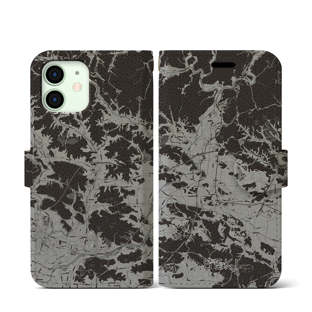 【関(岐阜県)】地図柄iPhoneケース(手帳タイプ)モノトーン・iPhone 12 mini 用