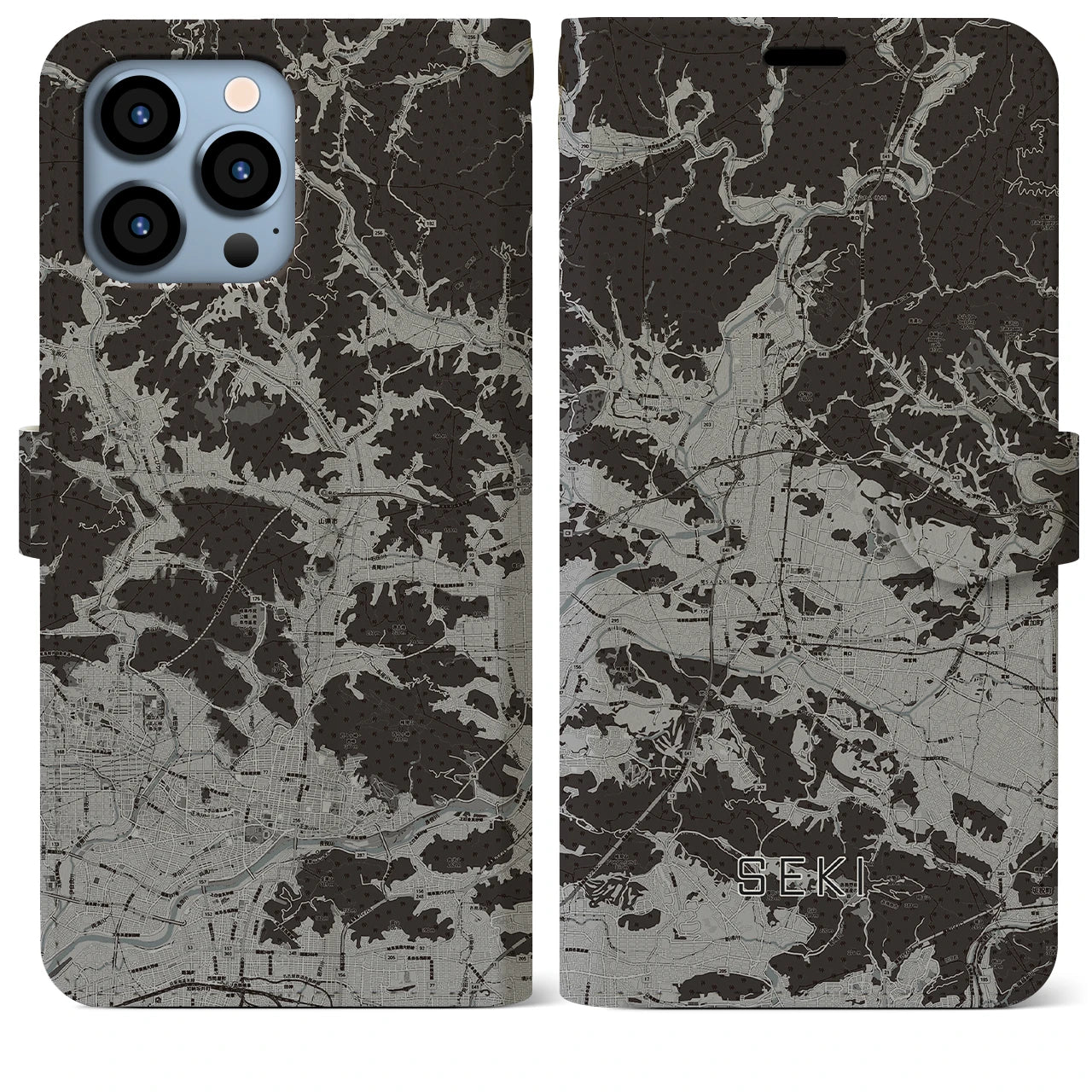 【関(岐阜県)】地図柄iPhoneケース(手帳タイプ)モノトーン・iPhone 13 Pro Max 用