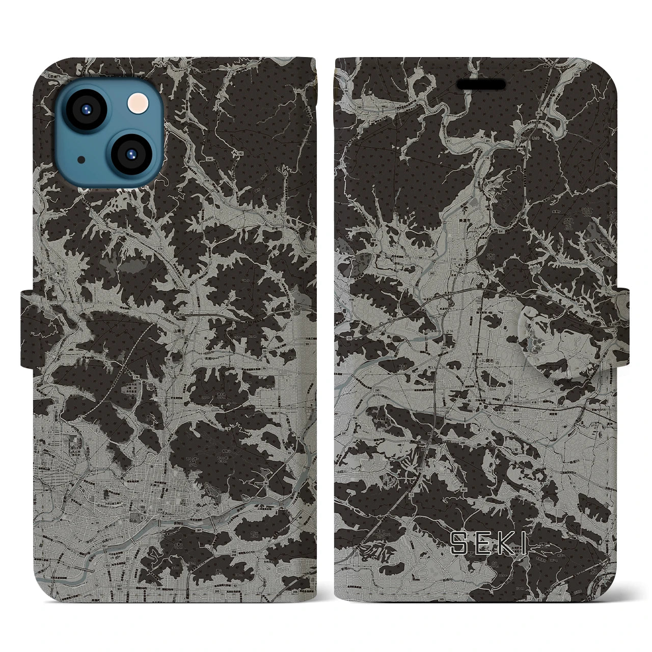 【関(岐阜県)】地図柄iPhoneケース(手帳タイプ)モノトーン・iPhone 13 用