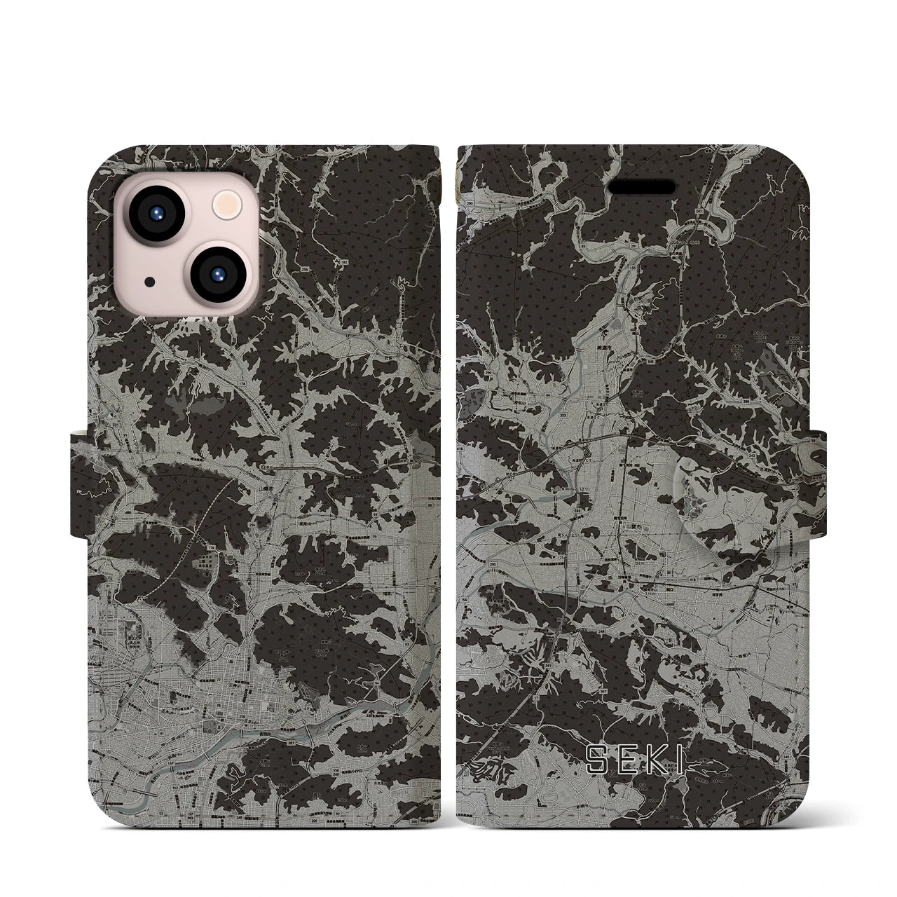 【関(岐阜県)】地図柄iPhoneケース(手帳タイプ)モノトーン・iPhone 13 mini 用