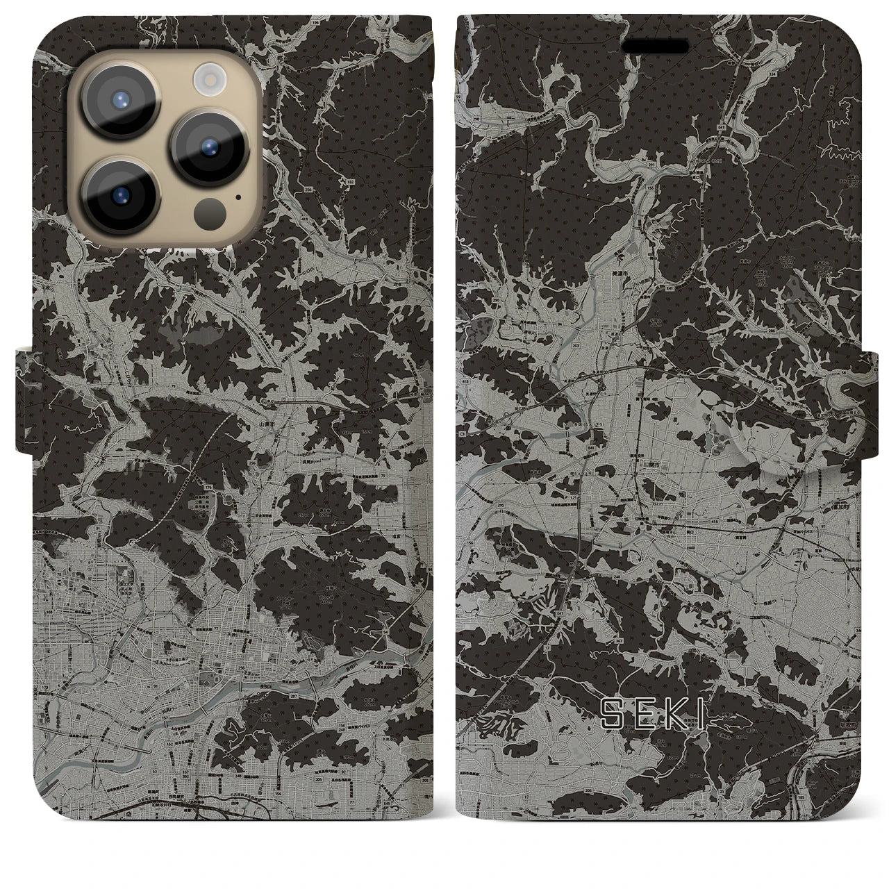 【関(岐阜県)】地図柄iPhoneケース(手帳タイプ)モノトーン・iPhone 14 Pro Max 用