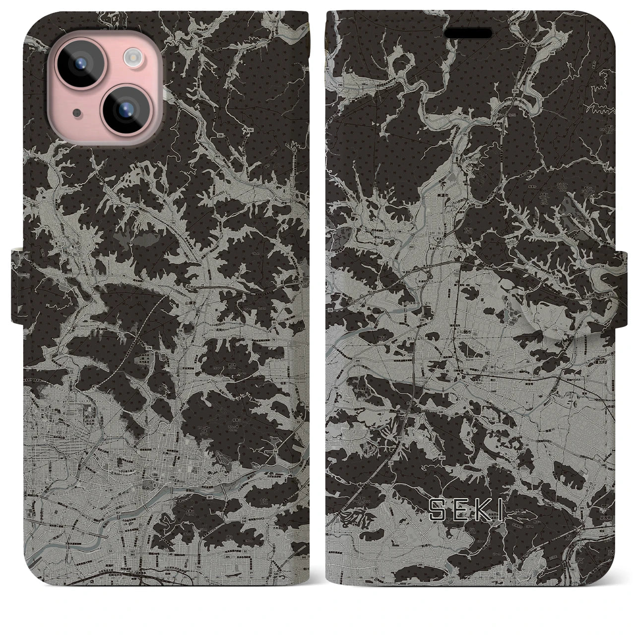 【関(岐阜県)】地図柄iPhoneケース(手帳タイプ)モノトーン・iPhone 15 Plus 用