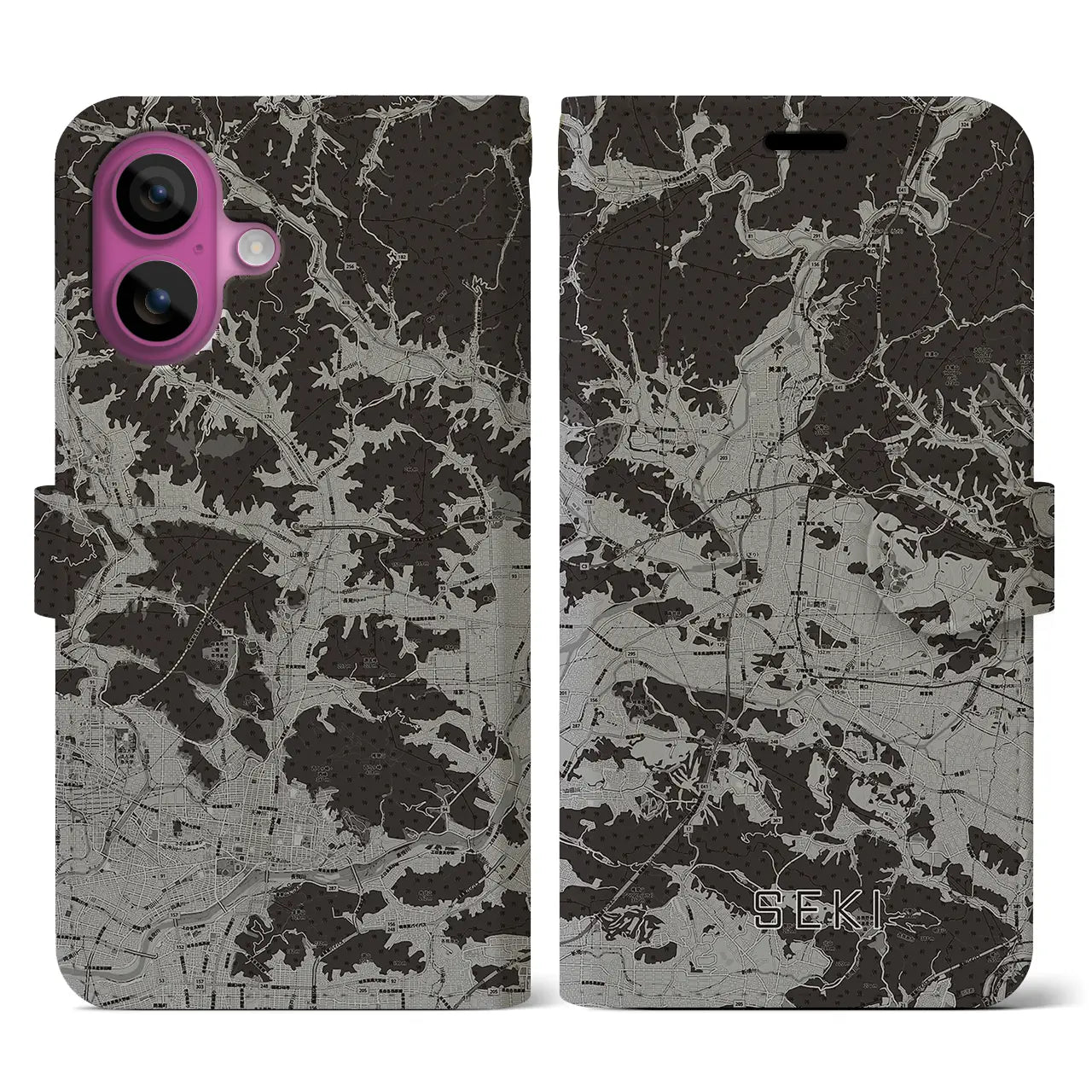 【関(岐阜県)】地図柄iPhoneケース(手帳タイプ)モノトーン・iPhone 16 Pro 用