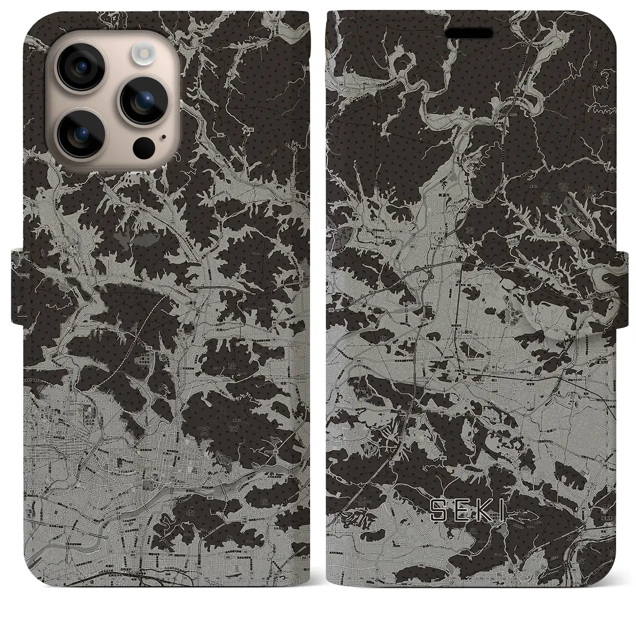 【関(岐阜県)】地図柄iPhoneケース(手帳タイプ)モノトーン・iPhone 16 Plus 用